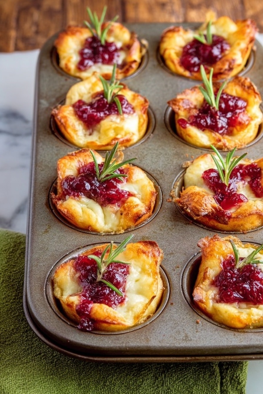 Cranberry Brie Bites, cranberry brie appetizer, holiday party snacks, easy party appetizers, flaky crescent bites - The image shows a metal muffin tray filled with 15 small baked cups. Each cup has a golden brown crust forming the base and sides, with melted white cheese inside. On top of the cheese, there is a bright red cranberry sauce dollop, giving a shiny and chunky look. Small green rosemary sprigs poke out from some of the cups, adding extra texture and color. The tray sits on a white marbled surface with a wooden texture barely visible on one side and a bit of green cloth underneath. photo taken with an iphone --ar 2:3 --v 7