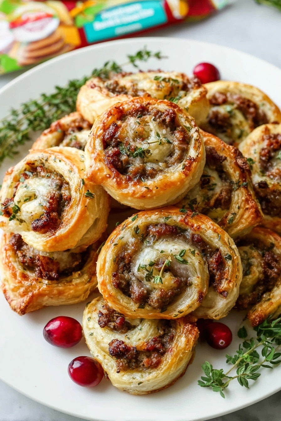 Sausage Cranberry Brie Bites, savory sweet appetizer, easy holiday appetizers, quick party snacks, creamy cheese and sausage bites - A white plate holds eight round puff pastry pinwheels arranged closely together, each pinwheel showing golden-brown flaky layers with a light shine. Inside the swirls, there are bits of cooked ground meat with small green herbs sprinkled on top, adding green spots on the filling. Fresh green herb leaves lie under the pinwheels in the center for decoration. Bright red cranberries are scattered on the white marbled surface around the plate, adding a pop of color to the scene. photo taken with an iphone --ar 2:3 --v 7