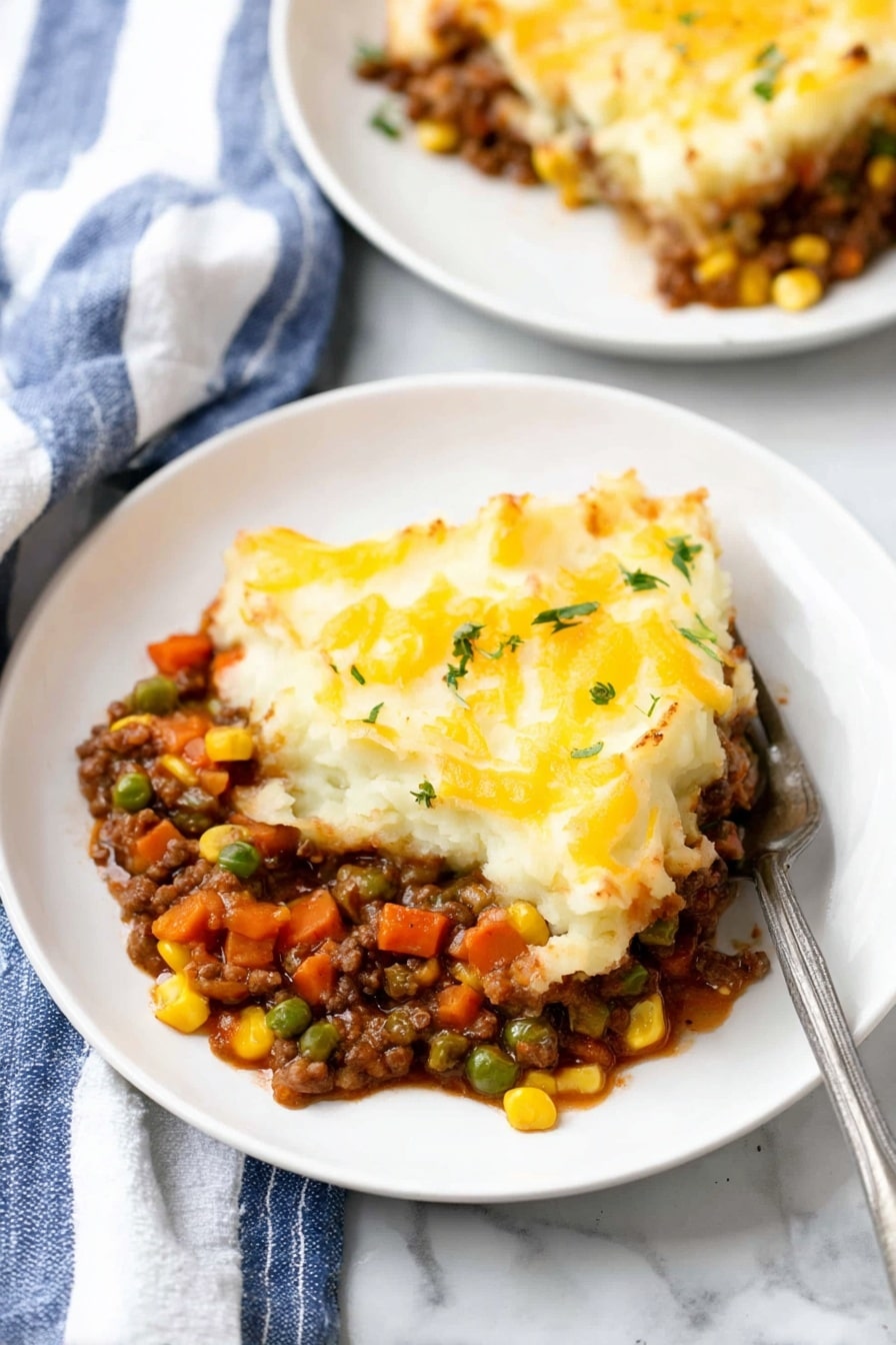 Lentil Shepherd’s Pie with Cheesy Mashed Potatoes, hearty vegetarian shepherd's pie, vegan lentil casserole, comforting plant-based dinner, easy lentil pie recipe - A white plate holds a serving of shepherd's pie with two main layers. The bottom layer shows a mix of cooked vegetables like peas, diced carrots, corn, and lentils in a thick brown sauce, creating a chunky texture. The top layer is creamy mashed potatoes with a smooth, slightly golden surface, sprinkled with some melted yellow cheese and small green herb bits. A silver fork is partially inserted into the dish, resting on the right side of the plate. In the background, there is another white plate with the same dish and a blue and white striped cloth on a white marbled surface. Photo taken with an iphone --ar 2:3 --v 7