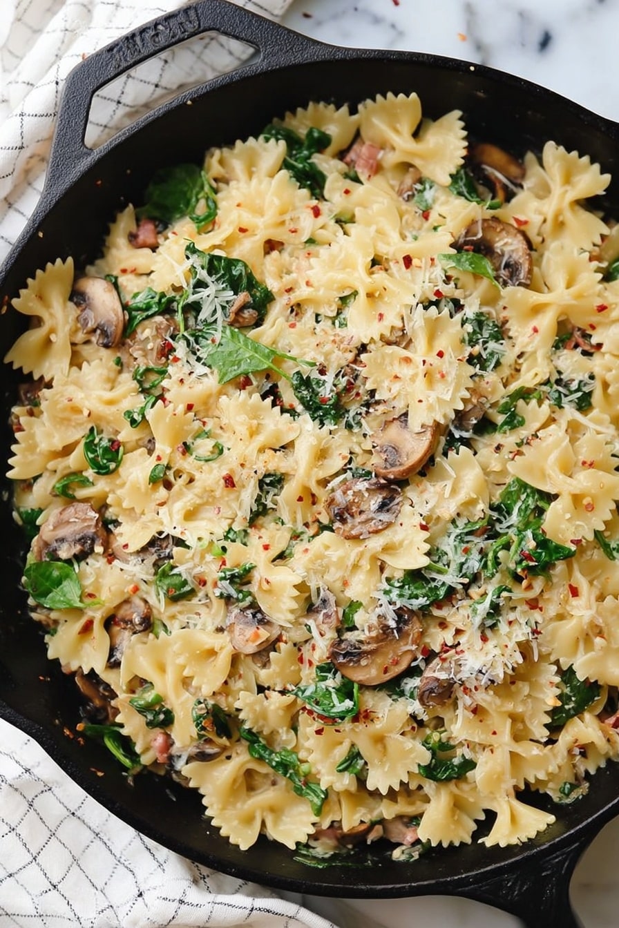 Creamy Vegan Sausage Pasta with Spinach, vegan sausage pasta, plant-based creamy pasta, vegan comfort food, creamy vegan pasta recipes - This image shows a close-up of a black skillet filled with farfalle pasta mixed with small pieces of light brown cooked meat and green spinach leaves. The pasta is creamy lightly coated, with some grated white cheese sprinkled over the top, and a few tiny red flakes scattered throughout. The pasta shapes look soft, with the meat pieces mixed evenly around, and the spinach adds fresh green touches between the layers of pasta. The skillet sits on a smooth dark surface. photo taken with an iphone --ar 2:3 --v 7