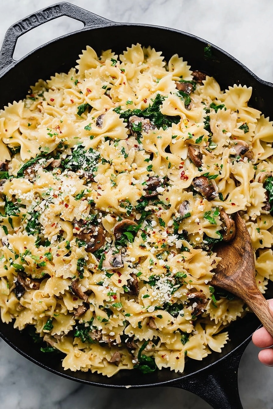 Creamy Vegan Sausage Pasta with Spinach, vegan sausage pasta, plant-based creamy pasta, vegan comfort food, creamy vegan pasta recipes - A black cast iron pan filled with three layers of farfalle pasta, chopped brown mushrooms, and green leafy spinach mixed evenly throughout. The pasta is light yellow, the mushrooms are scattered in chunks adding a rough texture, and the spinach adds bright green pops of color. There is a light sprinkling of grated white cheese and red chili flakes on top, adding small specks of texture and color contrast. The pan sits on a white marbled surface with a woman's hand holding a wooden spoon inside the pan, slightly lifting the pasta to show its mixed layers photo taken with an iphone --ar 2:3 --v 7