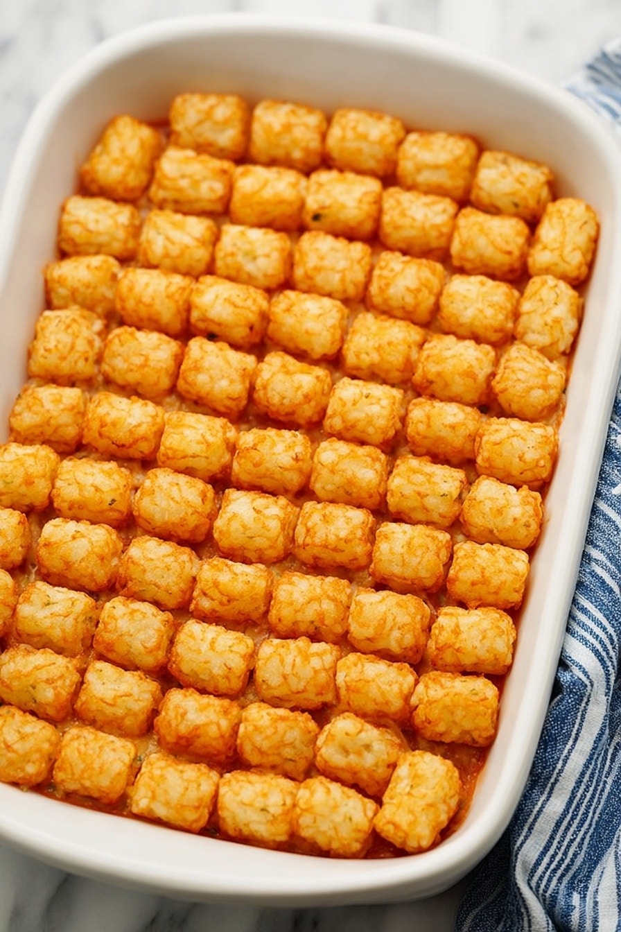 Vegan Tater Tot Casserole with Impossible Beef, vegan casserole, plant-based comfort food, vegan cheesy casserole, mushroom green bean casserole - This image shows a white baking dish filled with a neat layer of golden brown tater tots arranged tightly in rows. The small, crispy tater tots cover the entire dish surface evenly, forming one thick layer. The dish rests on a white marbled texture, and a blue and white striped cloth is partly visible on the right side. The tater tots have a crunchy texture and look evenly cooked with a warm, golden-orange tint. photo taken with an iphone --ar 2:3 --v 7