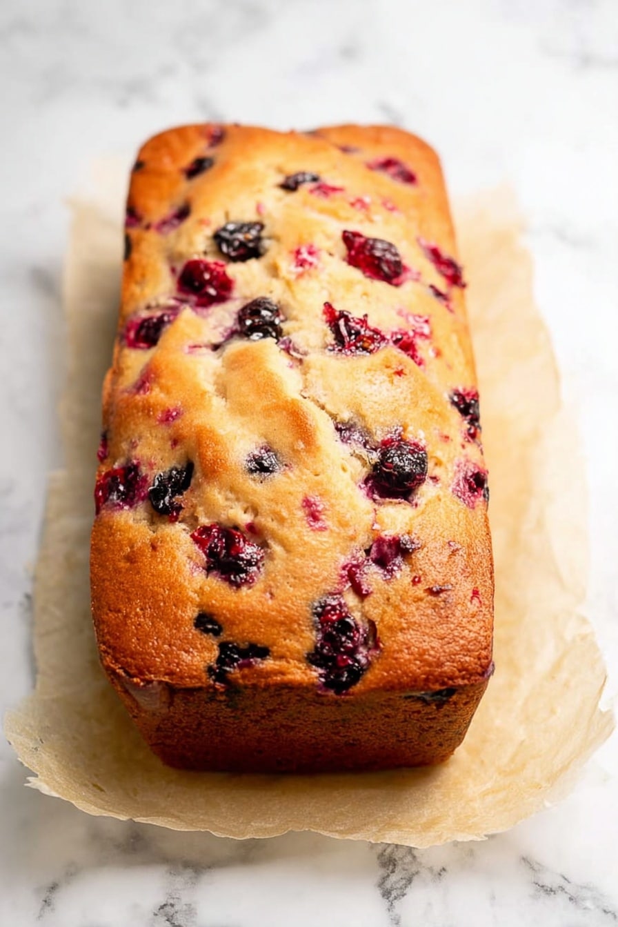 Cranberry Orange Bread with Orange Glaze, citrus cranberry bread, holiday bread with cranberries and orange, moist cranberry orange loaf, festive citrus bread - A rectangular loaf cake with a golden brown crust sits on a piece of parchment paper on a white marbled surface. The top of the cake has several cracks and is studded with visible whole and partially broken mixed red and dark purple berries, giving it a textured look. The cake appears moist inside where the berries have released some juices, adding deep red spots around them. Photo taken with an iphone --ar 2:3 --v 7