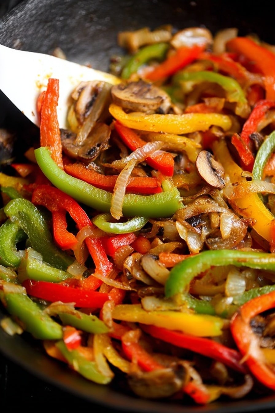 Vegetarian Fajitas, easy veggie fajitas, healthy fajita recipe, quick vegetarian dinner, colorful veggie fajitas - The image shows a close-up of a black pan filled with a colorful mix of cooked vegetables, including long slices of red, green, and yellow bell peppers, as well as small pieces of browned mushrooms and translucent cooked onions. A white spatula is partially visible on the left side, lifting some of the vegetable mixture. The vegetables appear soft and well cooked, with varied textures from the tender onions and mushrooms to the slightly firm bell peppers. The background is out of focus but shows more of the dark surface of the pan. photo taken with an iphone --ar 2:3 --v 7