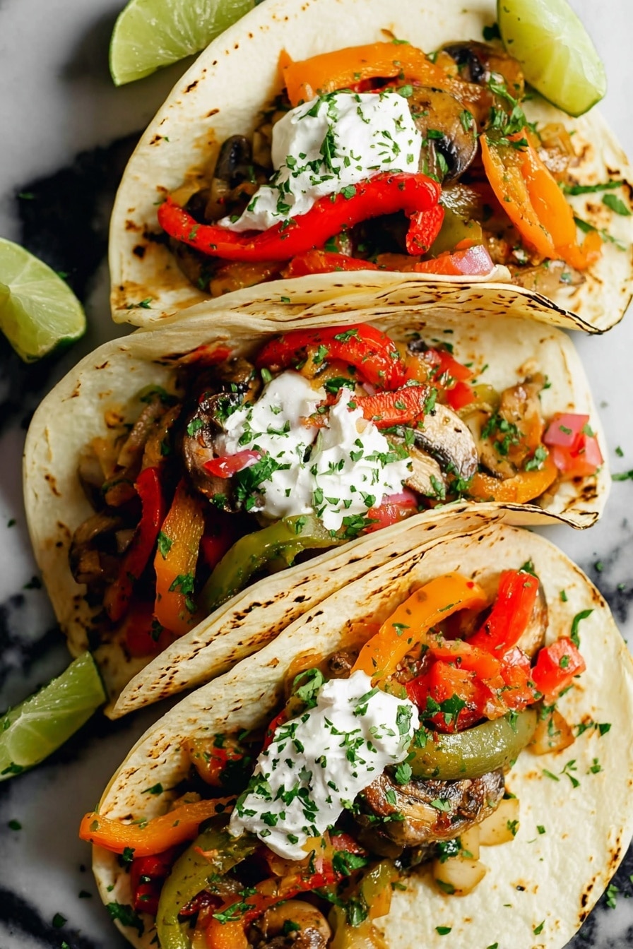 Vegetarian Fajitas, easy veggie fajitas, healthy fajita recipe, quick vegetarian dinner, colorful veggie fajitas - Three soft white tortillas are open-faced and filled with layers of cooked vegetables including brown mushrooms, green and red bell pepper strips, and orange and yellow bell pepper strips, all mixed with small diced tomatoes and onions. Each tortilla has a dollop of white sour cream on one side, sprinkled with chopped green herbs. Lime wedges are placed beside the tortillas on a white marbled surface, which contrasts with the colorful vegetable layers. The tortillas have slight roasted brown spots, adding texture to the soft wraps. photo taken with an iphone --ar 2:3 --v 7
