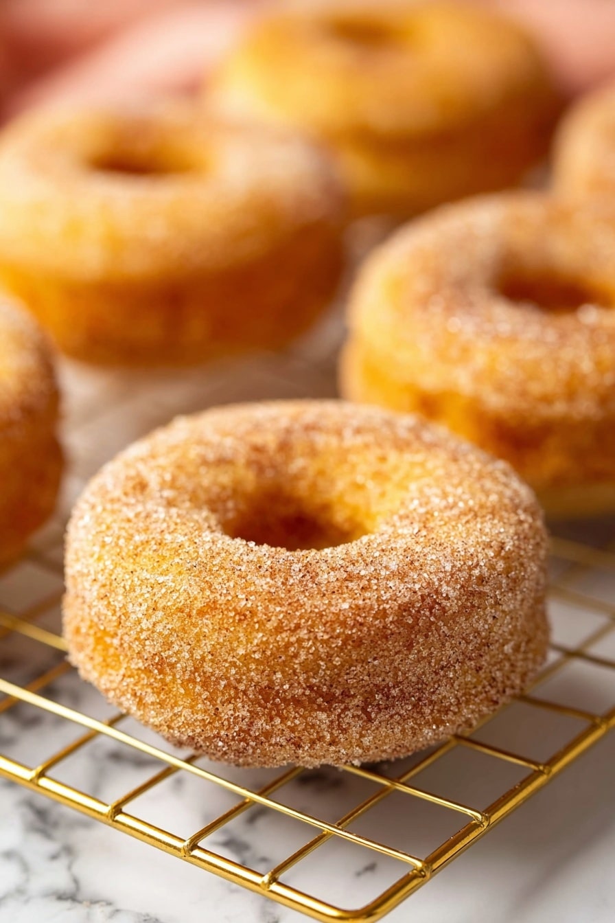 Vegan Apple Cider Donuts, Apple Cider Donuts, Vegan Fall Desserts, Easy Vegan Donut Recipe, Cinnamon Sugar Donuts - The image shows several round donuts with a hole in the middle, each covered with a layer of fine sugar and cinnamon on the outside. The donuts have a golden-brown color and a soft texture. They are placed on a gold wire cooling rack, sitting on a white marbled surface. The focus is on one donut in the front, with other donuts slightly blurred in the background, giving a warm and fresh look. photo taken with an iphone --ar 2:3 --v 7