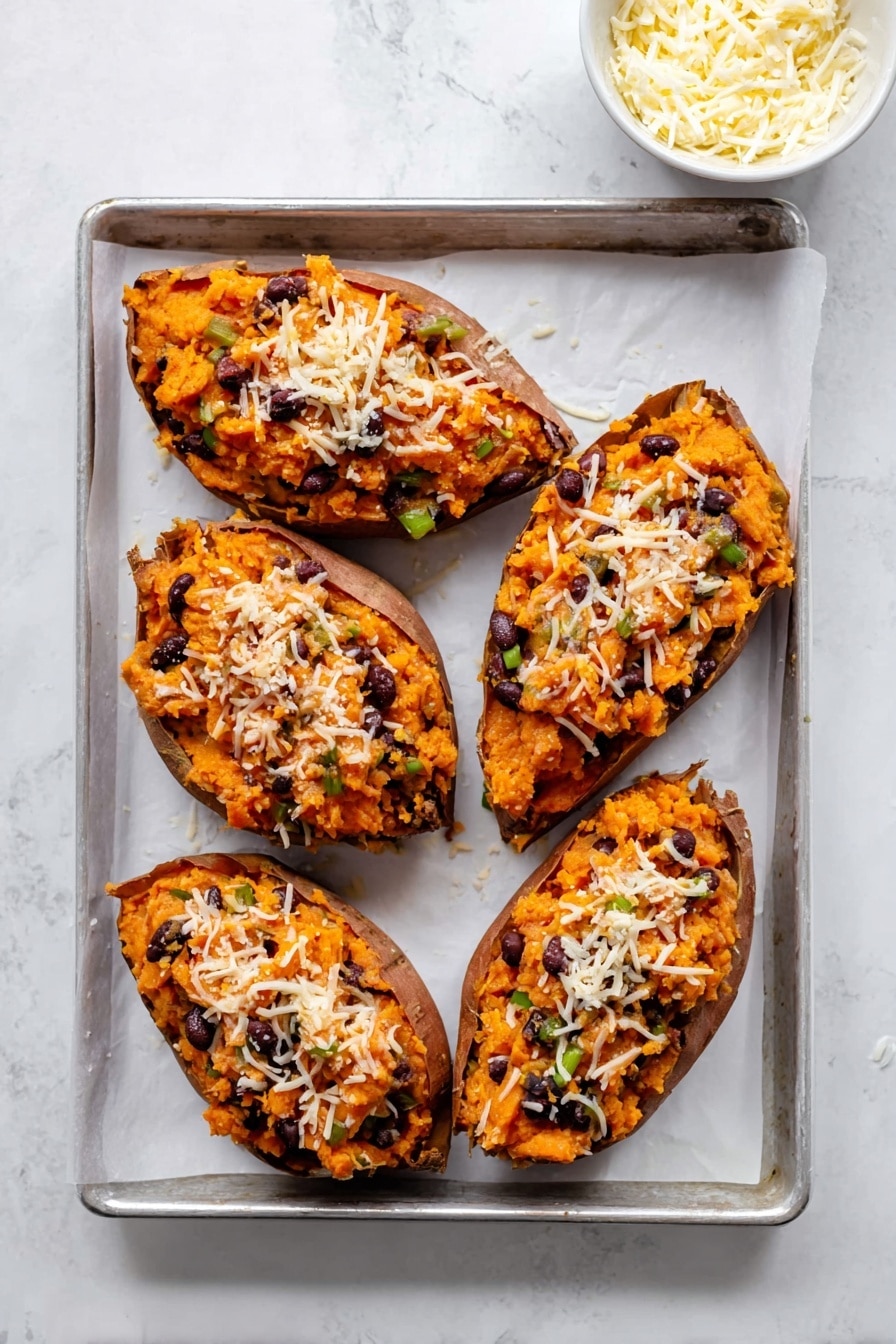 Loaded Vegan Sweet Potato Skins, vegan sweet potato skins, plant-based stuffed sweet potatoes, healthy vegan potato snacks, vegan veggie stuffed sweet potatoes - Five stuffed sweet potato halves sit arranged on white parchment paper over a white marbled surface. Each sweet potato is filled with bright orange mashed sweet potato mixed with black beans and topped with melted light-colored cheese and crispy brown coconut flakes. Fresh green chopped parsley is sprinkled over the potatoes, adding a lively touch. Around the potatoes, there are lime wedges and extra parsley. A small white bowl holds fresh green parsley leaves, while a small gray bowl contains creamy white sour cream garnished with parsley. A striped cloth napkin lies near the bottom right corner. Photo taken with an iphone --ar 2:3 --v 7