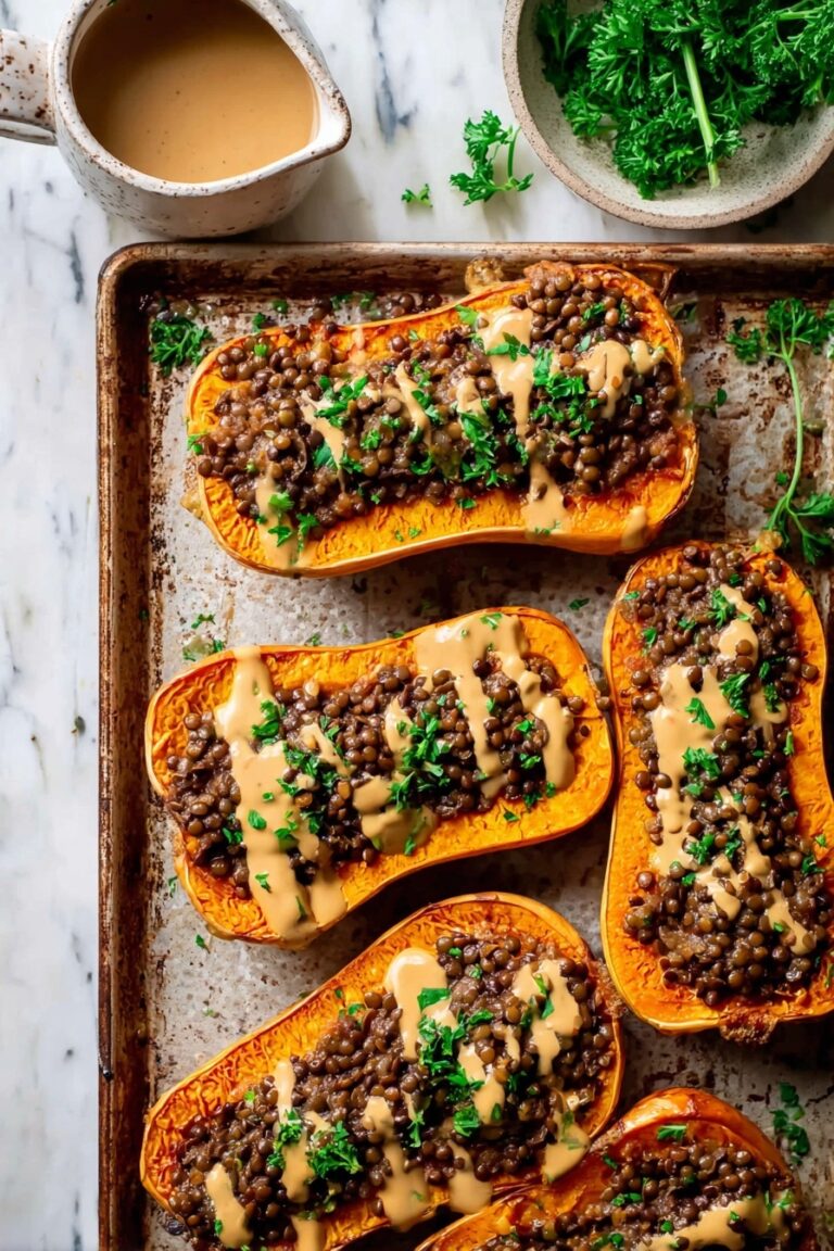 Creamy Lentil Stuffed Butternut Squash with Tahini Sauce Recipe