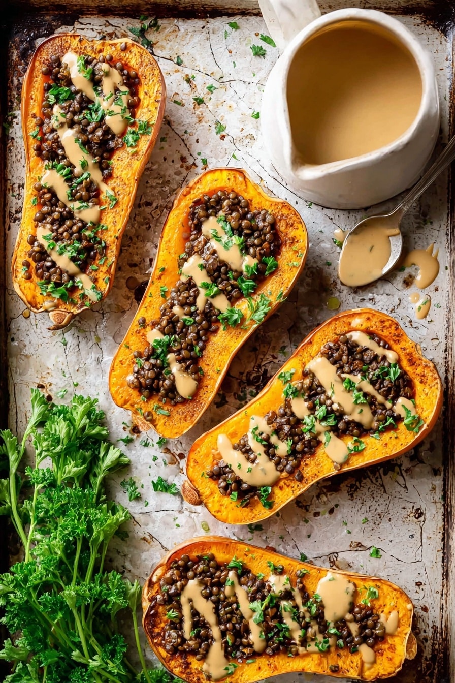 Creamy Lentil Stuffed Butternut Squash with Tahini Sauce, roasted butternut squash with lentils, plant-based stuffed butternut squash, healthy lentil stuffed squash, easy vegan butternut squash recipe - Four halves of roasted butternut squash are arranged on a baking tray with a white marbled texture. Each half is filled with a dark brown mix of lentils and finely shredded mushrooms, topped with uneven drizzles of a beige creamy sauce and sprinkled green parsley leaves. To the right of the squash halves is a white jug partially filled with the same creamy sauce, with some sauce dripping over its edge. To the left side of the tray, a bunch of fresh green parsley lies next to the squash. The image captures the rustic texture of the food and tray, with vibrant colors and detailed layering. Photo taken with an iphone --ar 2:3 --v 7
