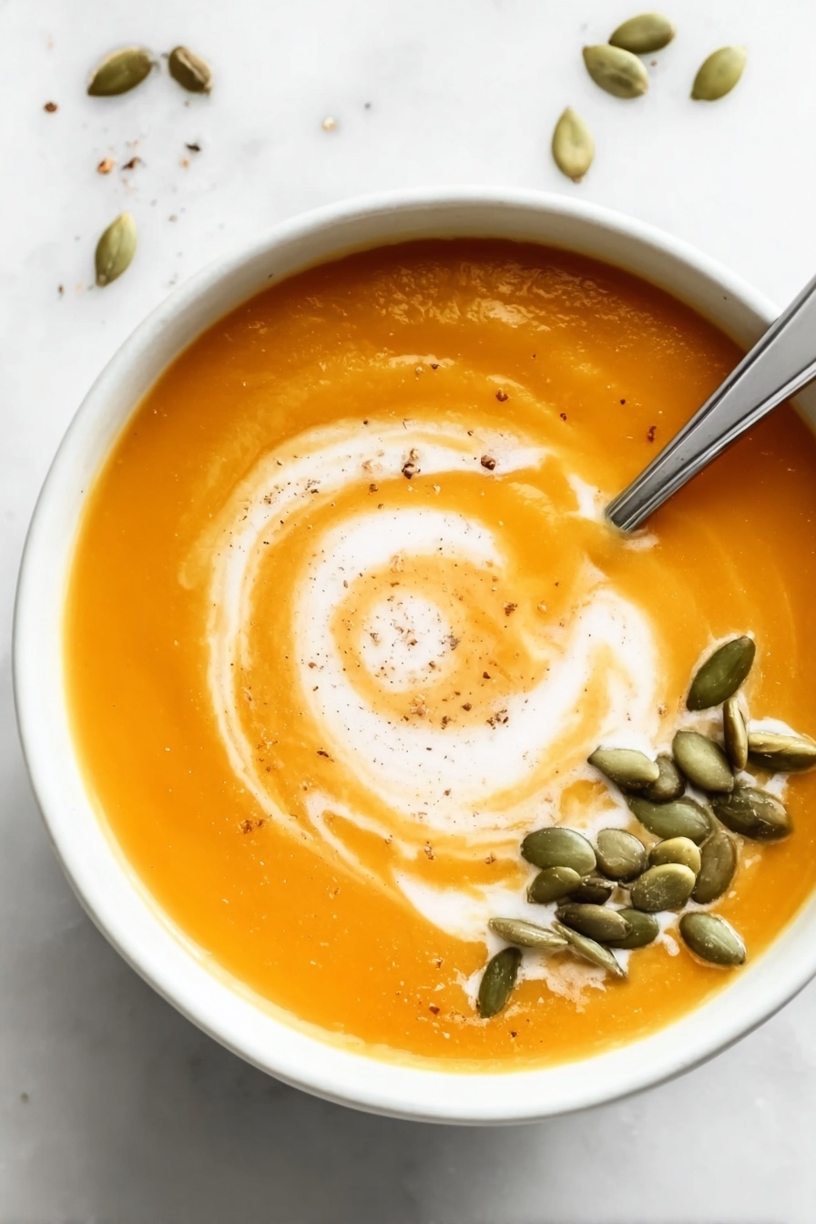 Vegan Butternut Squash Soup, vegan butternut squash soup, plant-based butternut squash soup, healthy vegan squash soup, easy vegan soup recipes - A white bowl filled with smooth orange soup is placed on a white marbled surface. The soup has a swirl of white cream on top, creating a gentle spiral pattern starting near the center. There is a small pile of green pumpkin seeds arranged to one side of the swirl. A silver spoon rests inside the bowl, its handle leaning on the bowl's edge. The soup surface shows light seasoning specks, adding subtle texture. Photo taken with an iphone --ar 2:3 --v 7
