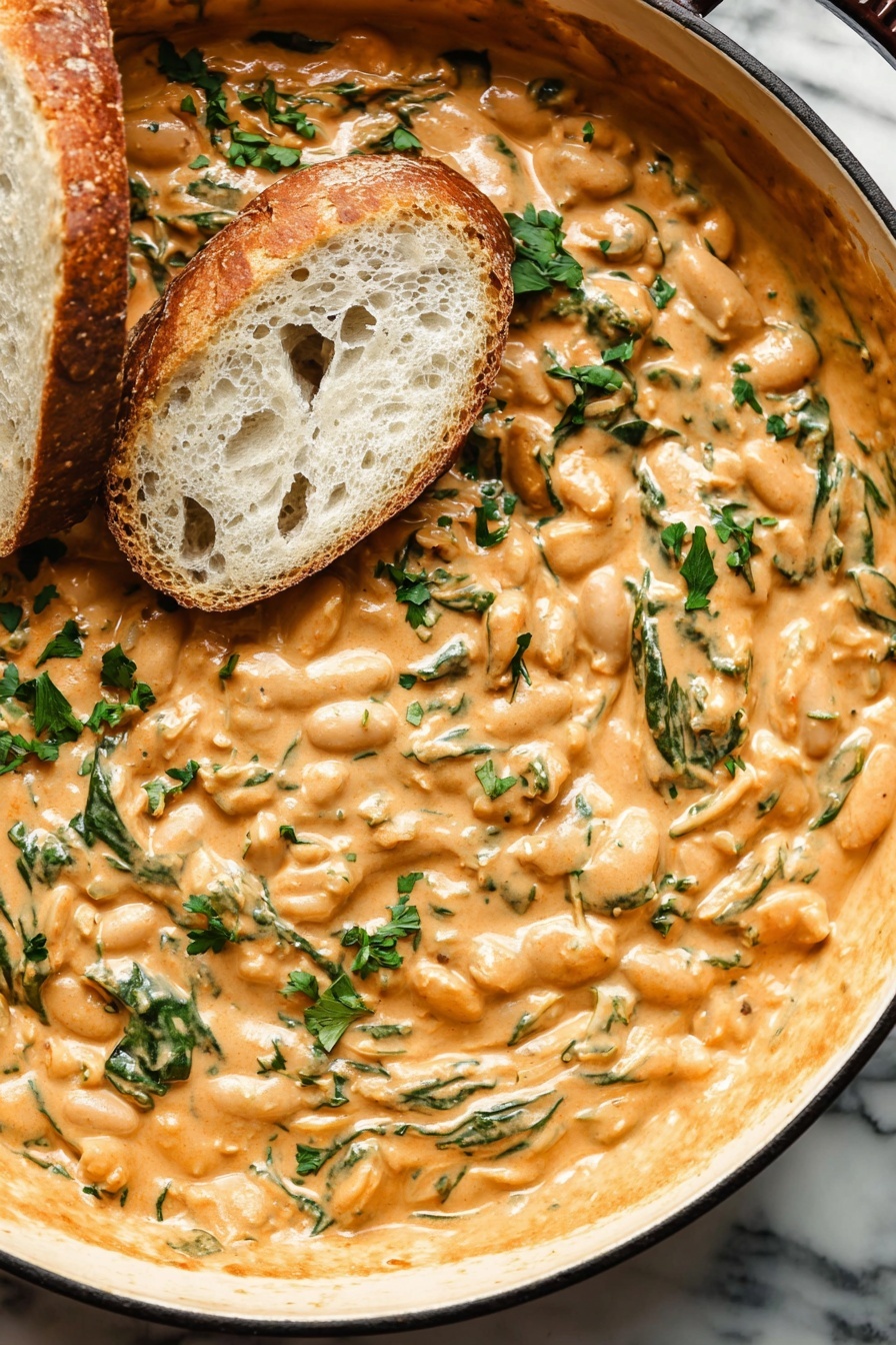 Creamy Sun Dried Tomato Butter Beans with Spinach and Basil, vegan creamy bean dishes, healthy plant-based meals, quick vegetarian dinner ideas, flavorful bean recipes - A close-up image of a thick, creamy dip with a light orange color, filled with visible bits of chopped green herbs and small red pieces scattered throughout. Two slices of crusty white bread rest partially dipped on the surface of the mixture, showing a soft, airy texture inside the bread. The dip has a rich, smooth texture with swirls and folds, spread in a white bowl. The background features a white marbled surface. photo taken with an iphone --ar 2:3 --v 7