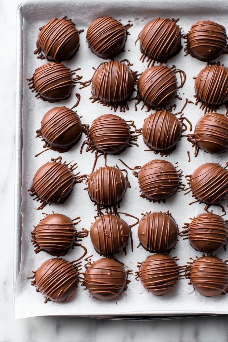 Vegan Chocolate Peanut Butter Balls, vegan peanut butter treats, dairy-free chocolate snacks, easy vegan dessert, healthy vegan candy - The image shows round chocolate-covered treats placed on a white marbled surface. Each treat has two layers visible: a smooth, shiny milk chocolate outer shell with darker chocolate drizzle lines artistically spread over the top, and a glimpse of a crumbly light brown base peeking out slightly underneath. The texture of the chocolate shell is smooth and glossy, contrasting with the rougher crumbly base layer. The treats are arranged close together in a casual, slightly scattered manner. Photo taken with an iphone --ar 2:3 --v 7