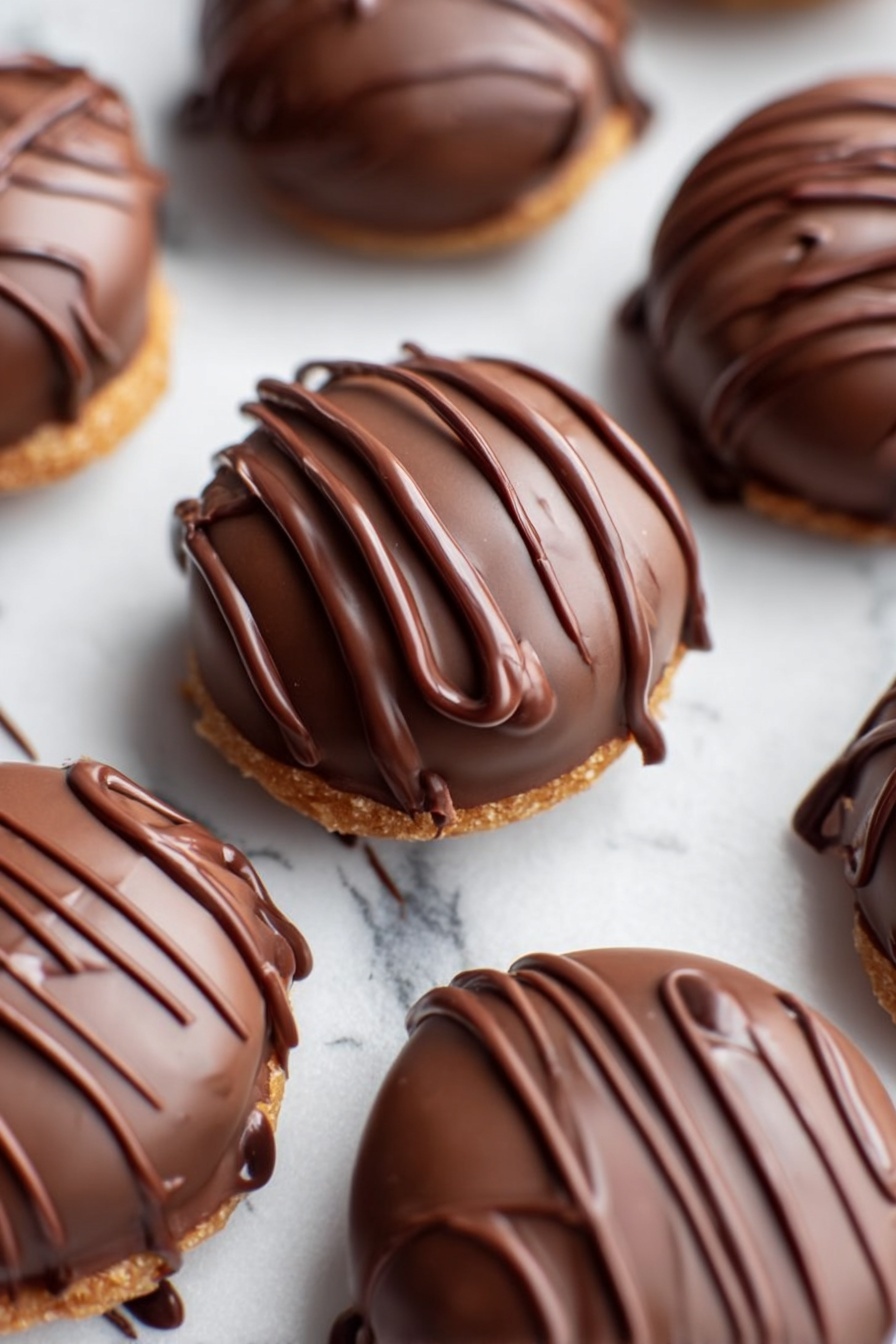 Vegan Chocolate Peanut Butter Balls, vegan peanut butter treats, dairy-free chocolate snacks, easy vegan dessert, healthy vegan candy - The image shows a tray lined with white parchment paper holding multiple round chocolate treats. Each treat has a smooth, glossy dark brown chocolate coating with a light drizzle of thinner chocolate stripes on top, giving a textured look. The treats are arranged in neat rows, with some stray drizzles of chocolate on the paper between them. The tray is set on a white marbled surface, adding a clean and bright background. photo taken with an iphone --ar 2:3 --v 7