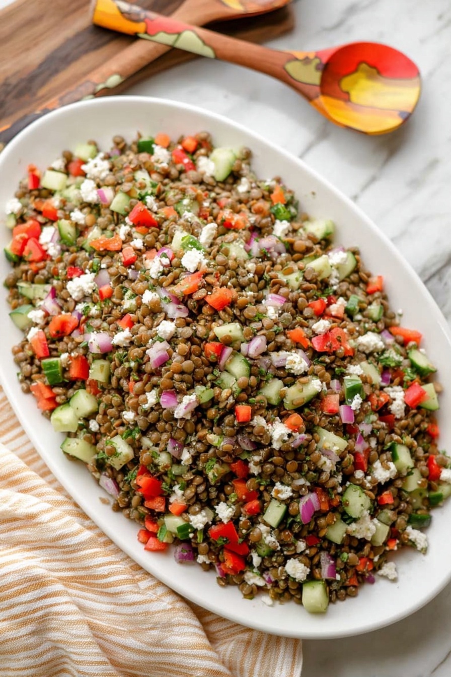 The Best Lentil Salad, healthy lentil salad, easy lentil salad, vegan lentil salad, flavorful lentil salad - A white oval plate is filled with a lentil salad that has three main layers of textures and colors visible mixed evenly. The base layer consists of small lentils in a greenish-brown shade, creating a grainy texture. Scattered throughout are roughly chopped pieces of bright red bell peppers, pale green cucumbers, and small bits of red onions that add a fresh, crisp texture and colorful contrast. White crumbles of cheese are sprinkled on top, adding a soft texture and light touch of white against the vibrant salad. The plate is placed on a white marbled surface with a beige and white striped cloth nearby, and two wooden spoons with painted orange and yellow patterns rest in the background. Photo taken with an iphone --ar 2:3 --v 7