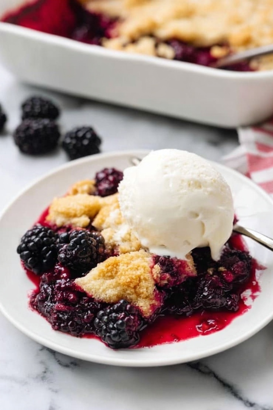 Old Fashioned Blackberry Cobbler, Blackberry Cobbler dessert, easy blackberry cobbler recipe, seasonal blackberry dessert, fruity cobbler recipe - A white plate holds a serving of blackberry cobbler with three main layers visible: the bottom layer is dark purple blackberries with juice soaking the plate, the middle layer is golden brown, crumbly cobbler topping broken in pieces over the berries, and the top layer is a round scoop of creamy white ice cream sitting slightly to one side of the cobbler. Fresh blackberries are scattered around the plate on a white marbled surface. In the background, a white baking dish filled with more cobbler is slightly out of focus. Photo taken with an iphone --ar 2:3 --v 7