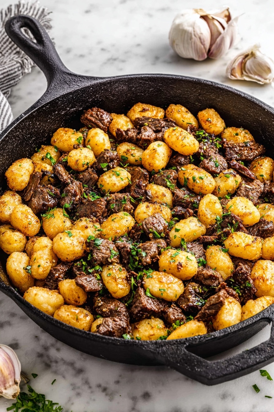 Steak Bites with Crispy Gnocchi and Garlic Parmesan, easy steak and gnocchi dish, crispy gnocchi recipes, garlic parmesan steak bites, quick gourmet dinner - A cast iron pan is filled with two main layers: the first layer is browned small gnocchi pieces that are golden with a slightly crisp texture, and the second layer is tender, dark brown bite-sized beef chunks mixed evenly with the gnocchi. Small green parsley pieces are scattered on top, adding a touch of freshness and color contrast. The pan is sitting on a white marbled surface, with a few garlic bulbs placed nearby. The image is bright and clear showing the food textures well. photo taken with an iphone --ar 2:3 --v 7
