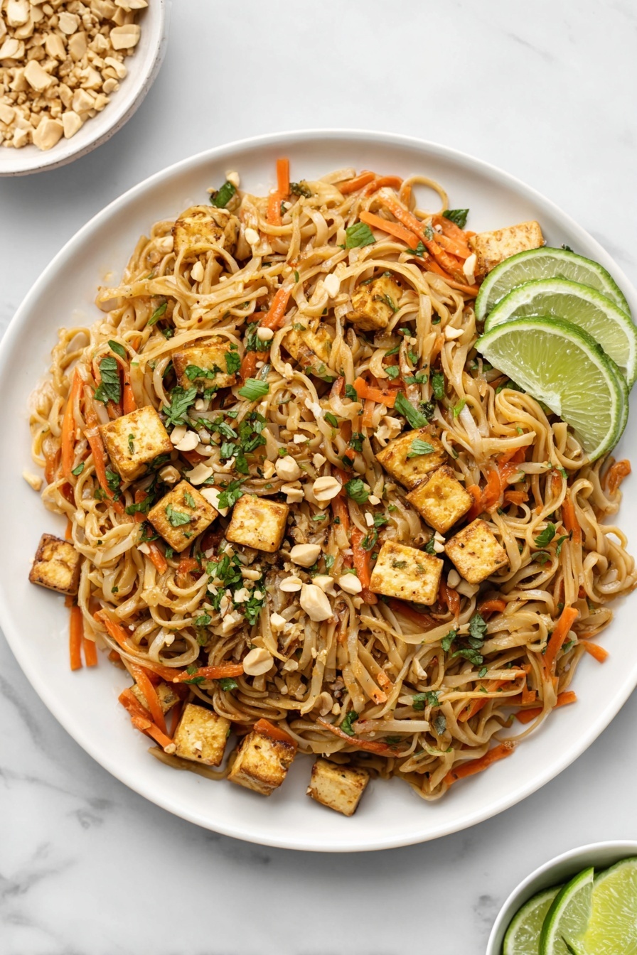Vegan Pad Thai, vegan Thai noodles, plant-based Pad Thai, vegan noodle stir-fry, healthy vegan Asian recipes - A white plate filled with three main layers: the bottom layer is light brown cooked noodles, mixed with thin orange carrot strips spread evenly; the middle layer has golden brown tofu cubes placed throughout the noodles; the top layer contains scattered green chopped herbs and crushed peanuts. On the right edge of the plate, there are two lime wedges resting on the noodles. The plate sits on a white marbled surface, with a small white bowl of extra lime wedges visible at the bottom right corner. photo taken with an iphone --ar 2:3 --v 7
