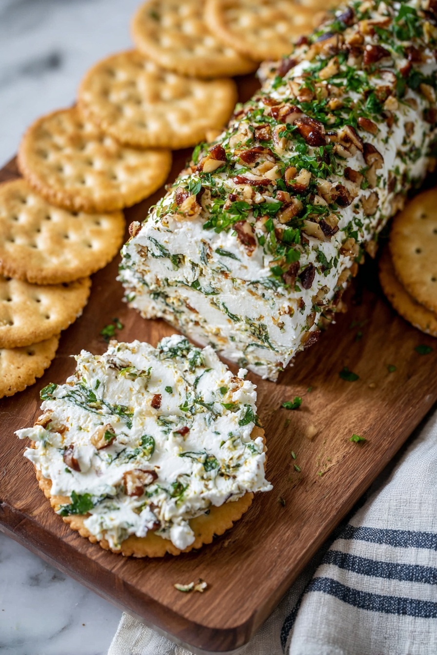 Garlic Herb Cheese Log, Cheese Log Appetizer, Creamy Herb Cheese Ball, No-Bake Cheese Appetizer, Easy Party Appetizer - A long roll of soft white cheese covered with chopped green herbs and brown nut pieces sits on a wooden board. Surrounding it on both sides are round, light tan crackers with small holes on top. One cracker in the front holds a thick layer of the cheese spread mixed with herbs and nuts, showing a textured white and green speckled surface. The wooden board rests on a white marbled surface with a striped cloth partially visible on the bottom right. Photo taken with an iphone --ar 2:3 --v 7