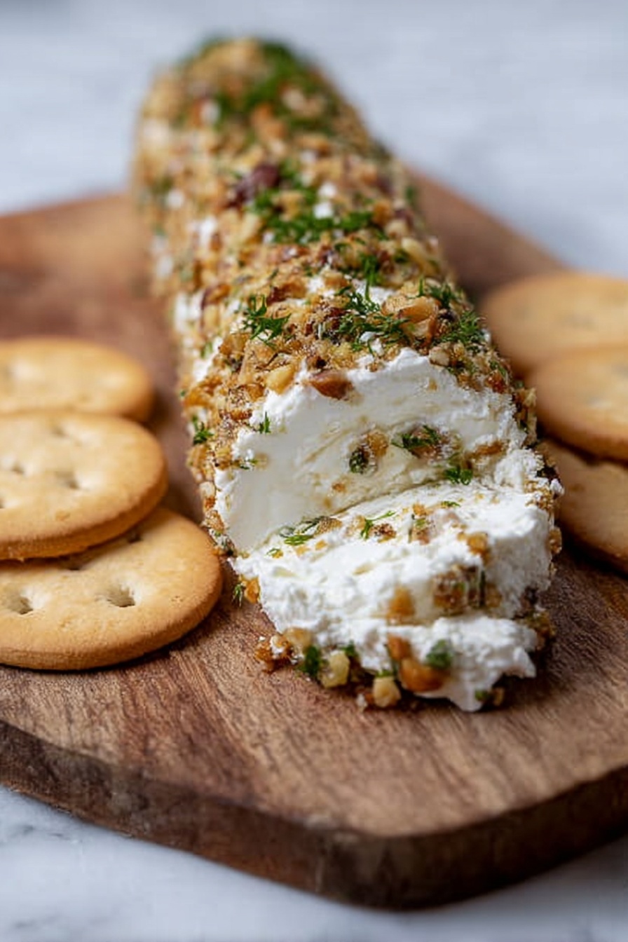 Garlic Herb Cheese Log, Cheese Log Appetizer, Creamy Herb Cheese Ball, No-Bake Cheese Appetizer, Easy Party Appetizer - A close-up of a long cheese log on a wooden board with the front end showing soft white cheese with a fluffy texture. The log is covered with chopped nuts and green herbs, giving it a rough and crunchy outside. On each side of the cheese log, there are two round, light brown crackers with a smooth surface and small holes. The wooden board is resting on a white marbled surface that softly blurs in the background. Photo taken with an iphone --ar 2:3 --v 7