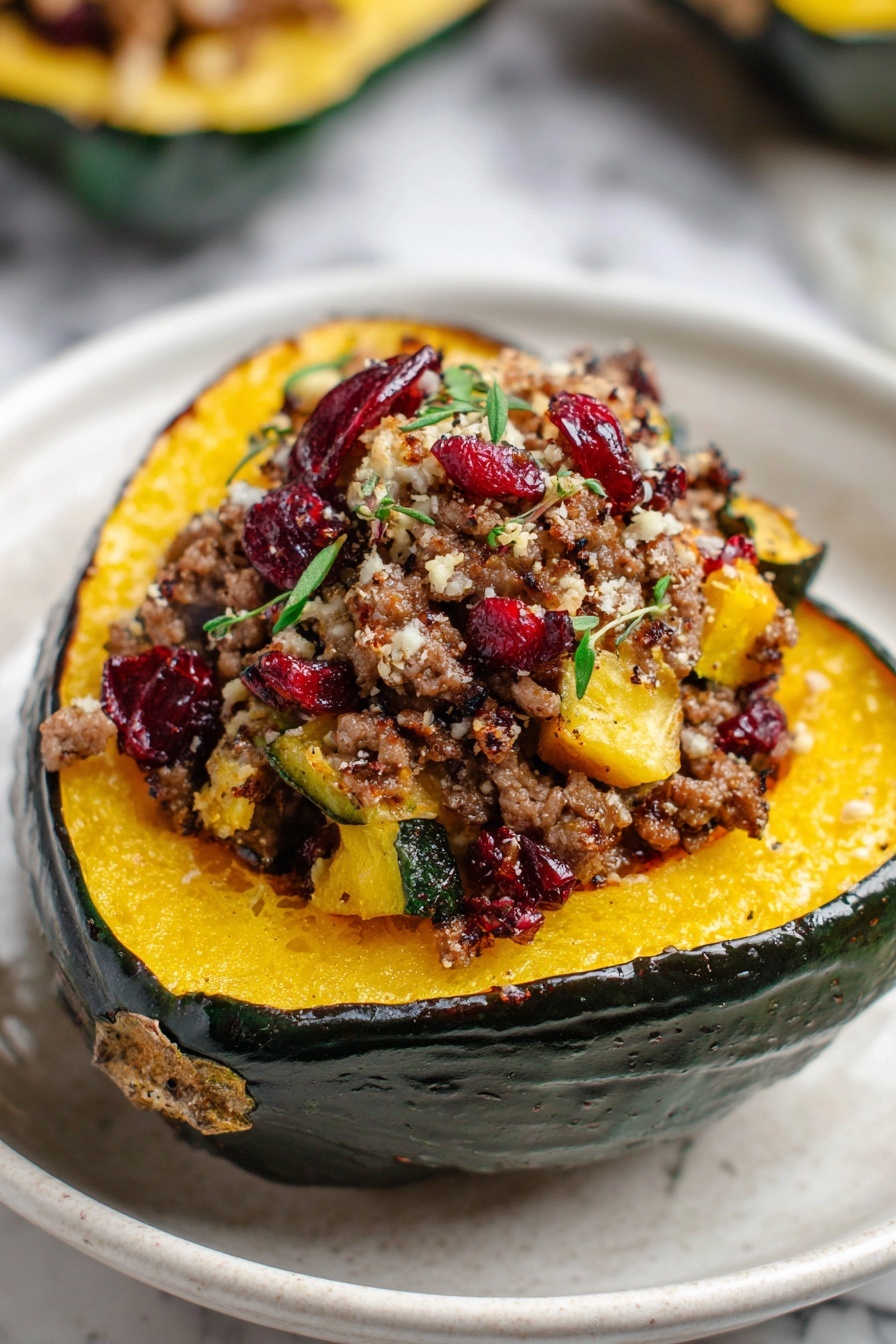 Stuffed Acorn Squash with Turkey, Apples and Cranberries, Fall stuffed squash recipes, Healthy stuffed acorn squash dinner, Cozy autumn squash recipe - A halved acorn squash with deep green skin and bright yellow-orange soft flesh is placed on a white plate with a white marbled texture background. The squash is filled with a layered mixture: the bottom layer is the cooked squash flesh, topped with a crumbly mix of browned ground meat, small chunks of yellow vegetables, and bits of red dried cranberries. This is finished with a sprinkling of light toasted breadcrumbs and small green herb leaves scattered across the top. Photo taken with an iphone --ar 2:3 --v 7