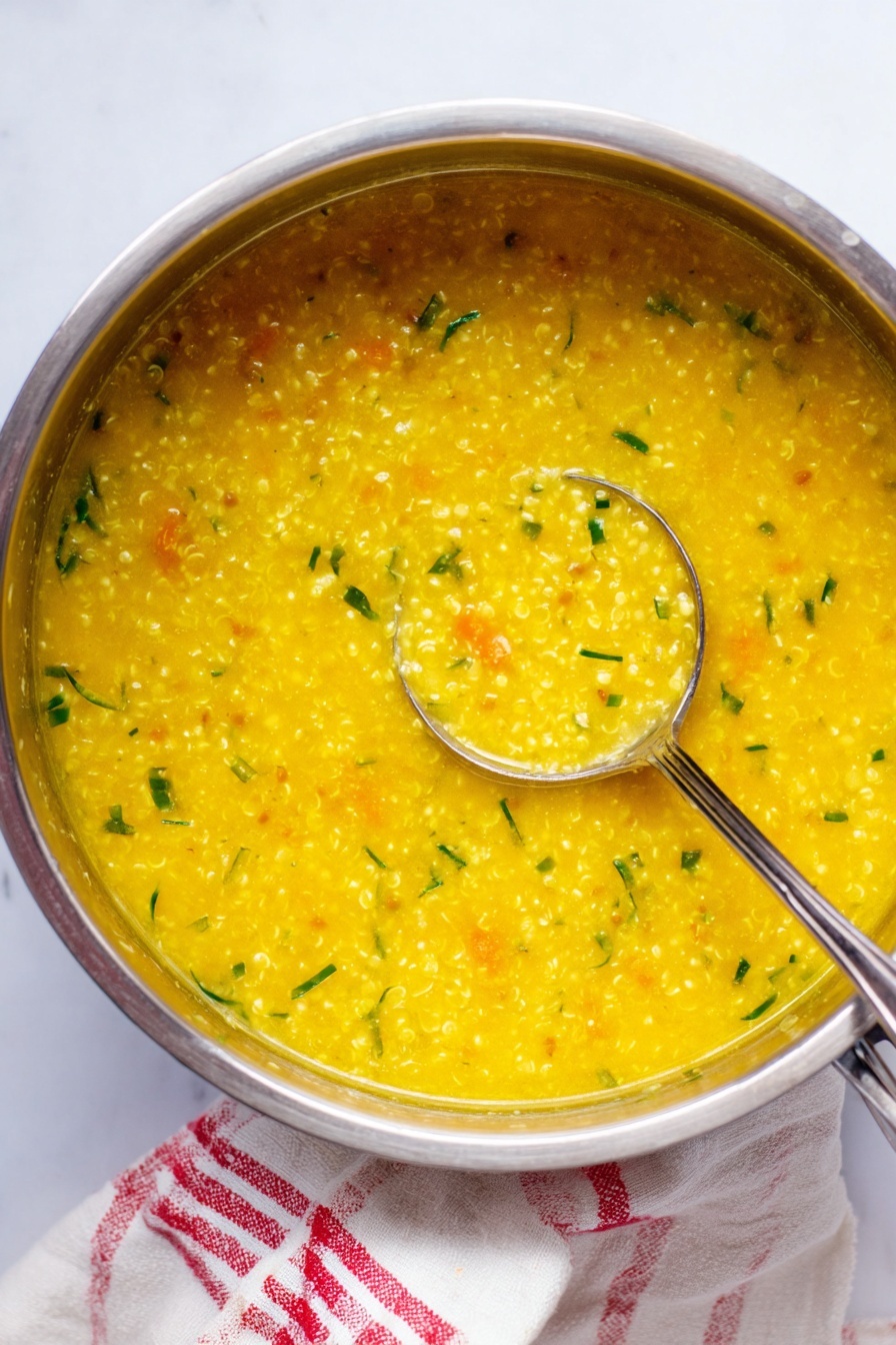 Italian Pastina Soup, Italian Pastina Soup Recipe, comforting Italian soups, easy Italian pasta soup, quick homemade Italian soup - The image shows a silver pot filled with a thick, yellow soup that has a grainy texture and small green herbs scattered throughout. The soup looks warm and creamy with visible small bits of vegetables or grains. A silver ladle rests inside the pot, partially submerged in the soup and lifting some of it up. The pot is placed on a white marbled surface, and to the side, there is a white cloth with a red checkered pattern. The colors are warm and vibrant, with a clean and simple presentation. photo taken with an iphone --ar 2:3 --v 7