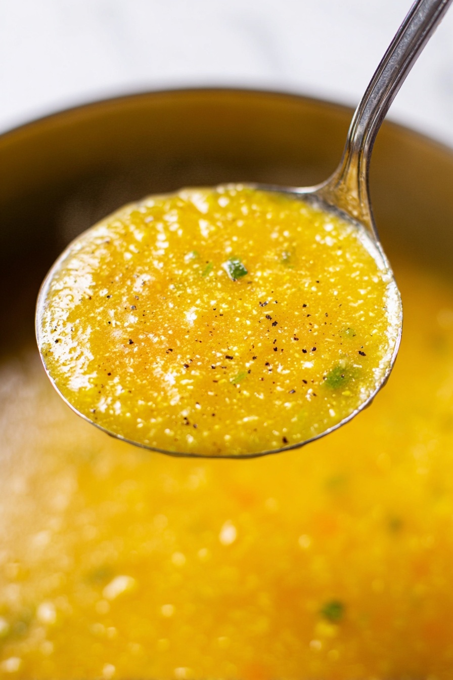 Italian Pastina Soup, Italian Pastina Soup Recipe, comforting Italian soups, easy Italian pasta soup, quick homemade Italian soup - A close-up view of a shiny silver ladle holding a thick, yellow-orange soup with small bits of green herbs and a slightly grainy texture, shimmering with a light oily layer on top and tiny specks of black pepper sprinkled evenly. The ladle is held above a large pot filled with the same soup, which has a smooth but slightly chunky consistency with steam rising gently. The background is a white marbled texture. photo taken with an iphone --ar 2:3 --v 7