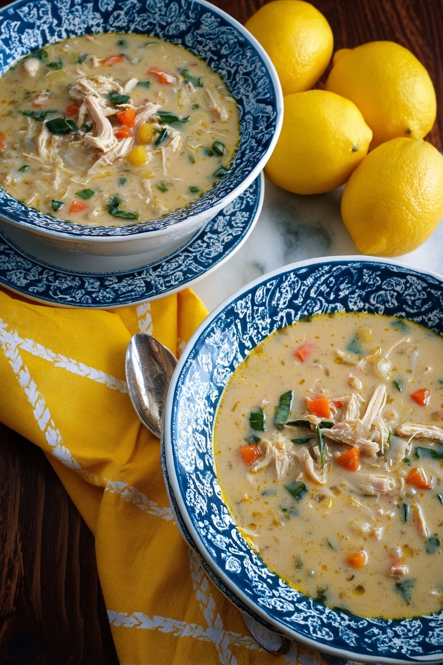 Lemon Chicken & Spaetzle Soup, lemon chicken soup, spaetzle soup recipes, bright creamy chicken soup, cozy lemon chicken dish - Two white bowls with blue patterns hold thick creamy soup with visible chunks of shredded light beige chicken, small orange carrot pieces, green herbs, and bits of other vegetables, all mixed into a beige broth. The bowls are placed on a bright yellow cloth with white cross patterns, lying on a dark wooden surface next to three shiny yellow lemons. A silver spoon rests on the yellow cloth near the top right bowl. The background is a white marbled texture. photo taken with an iphone --ar 2:3 --v 7