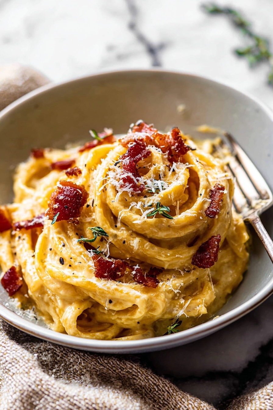 Creamy Roasted Garlic Butternut Squash Pasta, butternut squash pasta, roasted garlic pasta, vegetarian comfort pasta, easy fall pasta recipes - A close-up of thick pasta twirled into three swirled layers in a white bowl, covered with creamy, light yellow sauce with a smooth texture; scattered on top are small pieces of crispy deep red bacon and thin green herbs, sprinkled lightly with fine white cheese. A silver fork rests at the bowl's edge, and the background is a white marbled surface with a soft textured cloth nearby. photo taken with an iphone --ar 2:3 --v 7