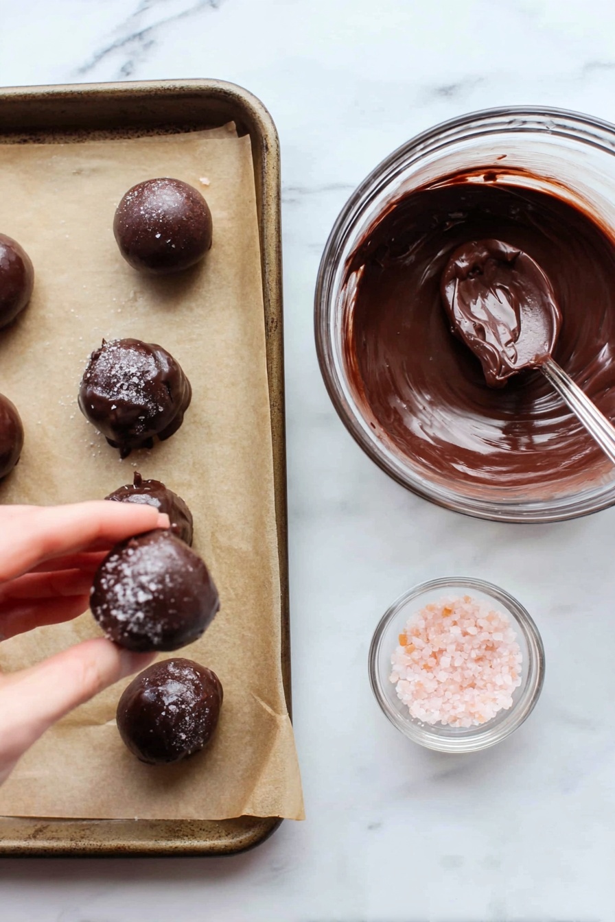 Cocoa Date Truffles, healthy date truffles, no-bake chocolate snacks, vegan energy bites, simple dessert ideas - The image shows a baking tray lined with light brown parchment paper holding four round chocolate balls placed unevenly, each with a glossy dark brown chocolate coating that looks smooth and slightly shiny, with one having a rough texture and some chocolate smudging around it. Next to the tray on a white marbled surface, there is a clear glass bowl filled with thick, dark brown melted chocolate with a large spoon resting inside it, the chocolate appearing creamy and rich. Below the bowl, there is a small clear container filled with light pink coarse salt, and a woman's hand is seen pinching some salt over the chocolate balls. Photo taken with an iphone --ar 2:3 --v 7