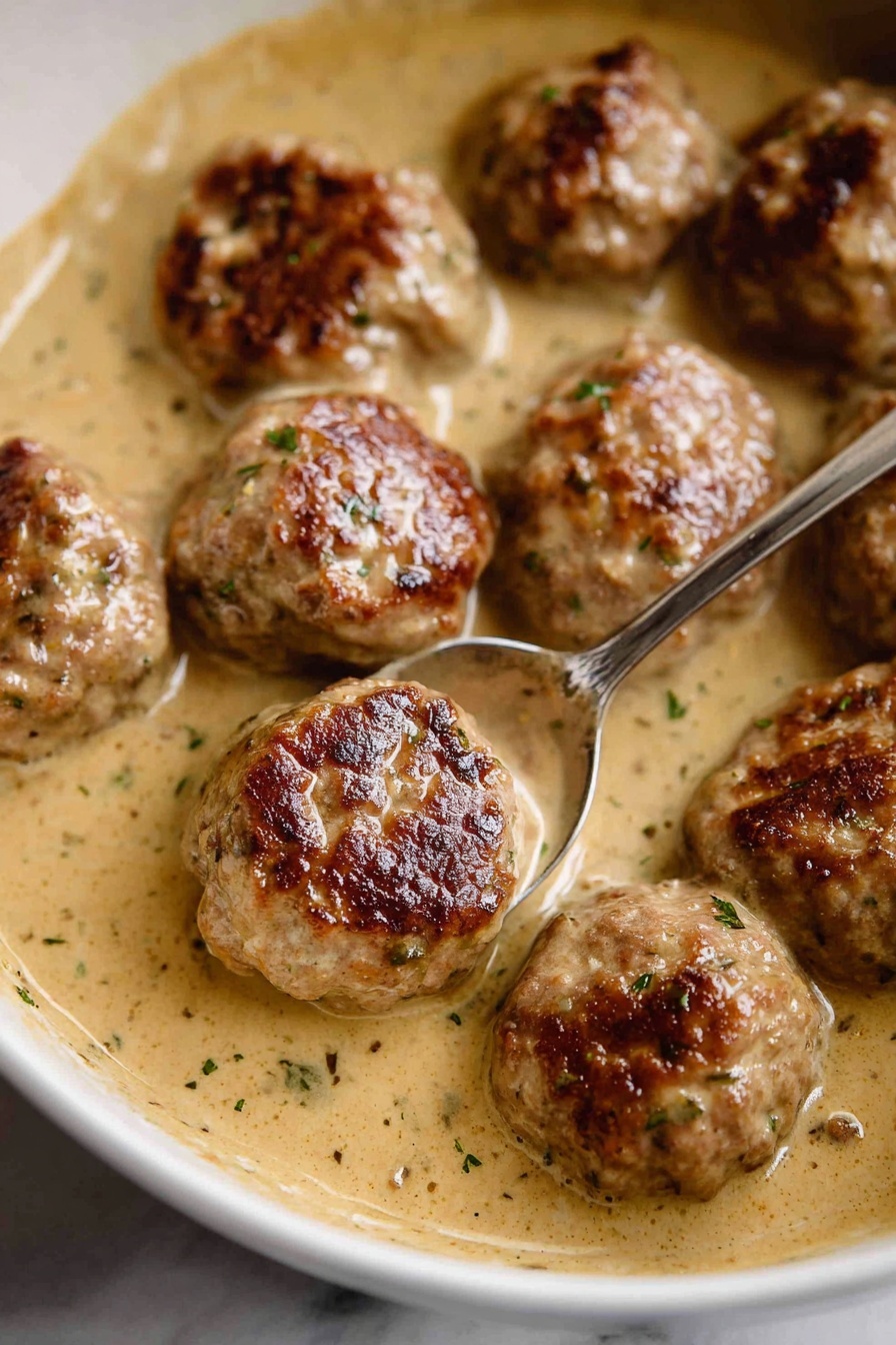 Lemon Sauce Greek Meatballs, Greek meatballs with lemon sauce, Mediterranean meatball recipe, juicy meatballs with lemon, easy Greek meatball dishes - The image shows a close-up of several browned meatballs in a light tan creamy sauce inside a white bowl, with the meatballs having a textured, slightly crispy and browned surface. The sauce around them is smooth, speckled with small herbs and spices, filling the gaps between the meatballs. There is a silver spoon placed among the meatballs, partially submerged in the sauce. The scene is set on a white marbled surface. photo taken with an iphone --ar 2:3 --v 7