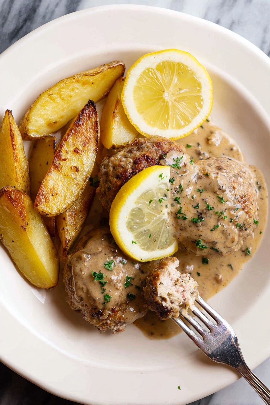 Lemon Sauce Greek Meatballs, Greek meatballs with lemon sauce, Mediterranean meatball recipe, juicy meatballs with lemon, easy Greek meatball dishes - A white plate with three round meat patties covered in light brown sauce with herbs sprinkled on top, positioned on the right side with a lemon wedge resting on the top patty; next to them on the left side are golden roasted potato wedges with some herbs on them; a fork is pulling a piece from the front patty, showing the soft inside of the meat, all set against a white marbled surface. photo taken with an iphone --ar 2:3 --v 7