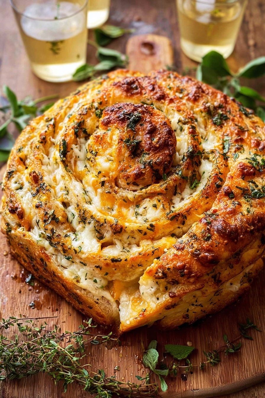 Garlic Herb Cheddar Cheese Bread, cheesy garlic bread recipe, savory bread with herbs and cheddar, homemade cheesy herbed bread, easy garlic cheese bread - A round, spiral-shaped bread with multiple layers, each layer showing a mix of melted yellow and white cheese with visible herbs sprinkled on top. The bread crust is golden brown with some areas darker and crisp. Fresh green herb sprigs are scattered on the bread’s surface, adding color contrast. The bread sits on a wooden surface with glasses filled with a light drink around it, and some green leaves near the top and bottom edges. photo taken with an iphone --ar 2:3 --v 7