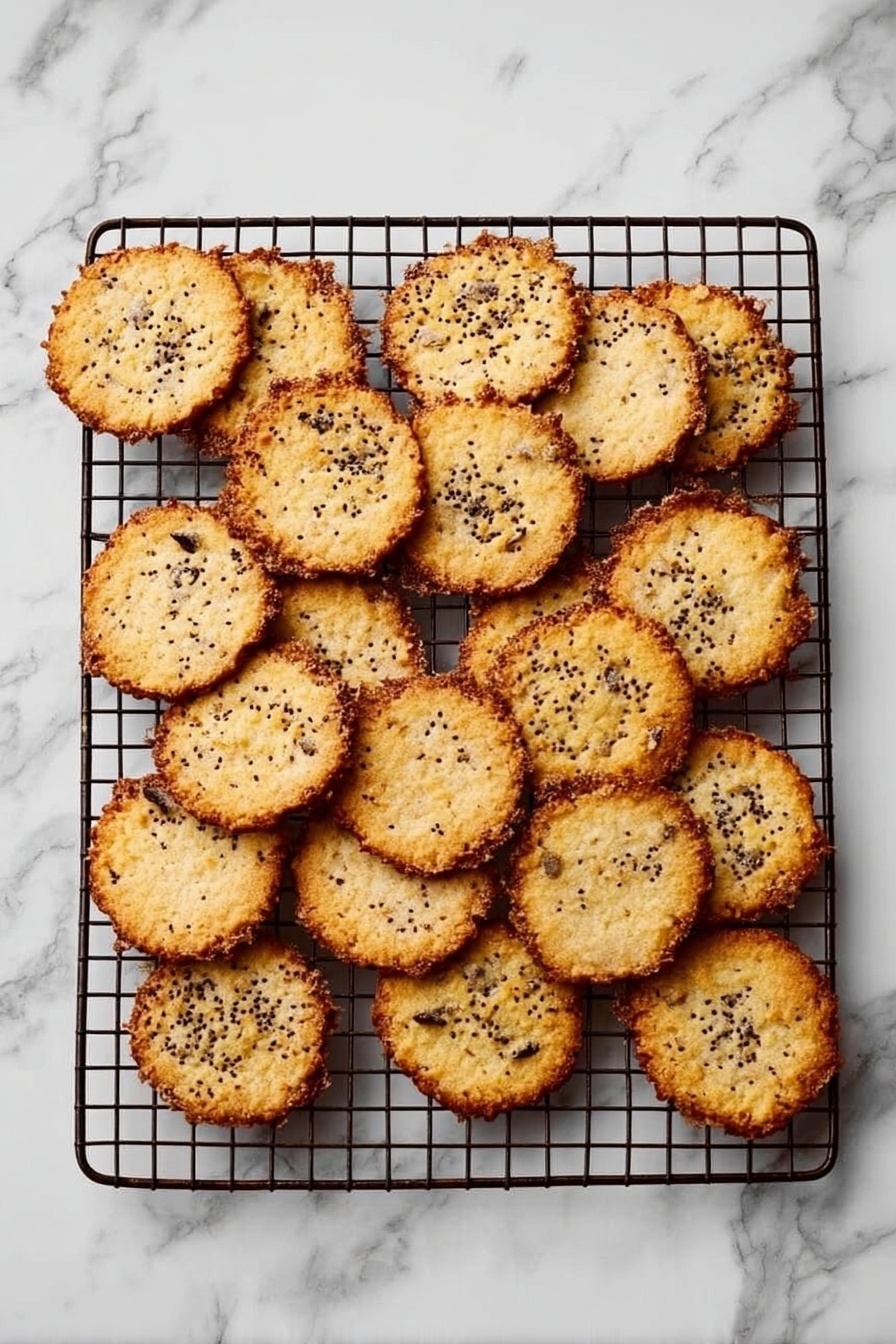 Cottage Cheese Chips, healthy cottage cheese snacks, crunchy cheese chips, easy baked cheese chips, protein-packed snacks - A black metal cooling rack sits on a white marbled surface, holding 20 thin, round cookies with uneven edges. Each cookie is golden brown with darker, crispy edges, and has small black seeds sprinkled on top, mostly in the center. The cookies vary slightly in size and shape, creating a natural, homemade look. The lighting is bright and soft, showing the texture of the cookies clearly. photo taken with an iphone --ar 2:3 --v 7