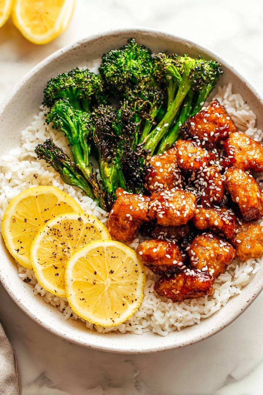 Sticky Honey Lemon Chicken, honey lemon chicken, lemon chicken recipe, crispy honey lemon chicken, easy chicken dinner - A white bowl sits on a white marbled surface, filled with a base layer of fluffy white rice topped with golden-brown pieces of glazed chicken sprinkled with white sesame seeds in the center. To one side, there are bright green broccoli florets, lightly charred and fresh in texture. On the opposite side of the broccoli, three thin slices of yellow lemon rest on the rice, lightly seasoned with black pepper. The whole dish looks vibrant and well balanced. Photo taken with an iphone --ar 2:3 --v 7