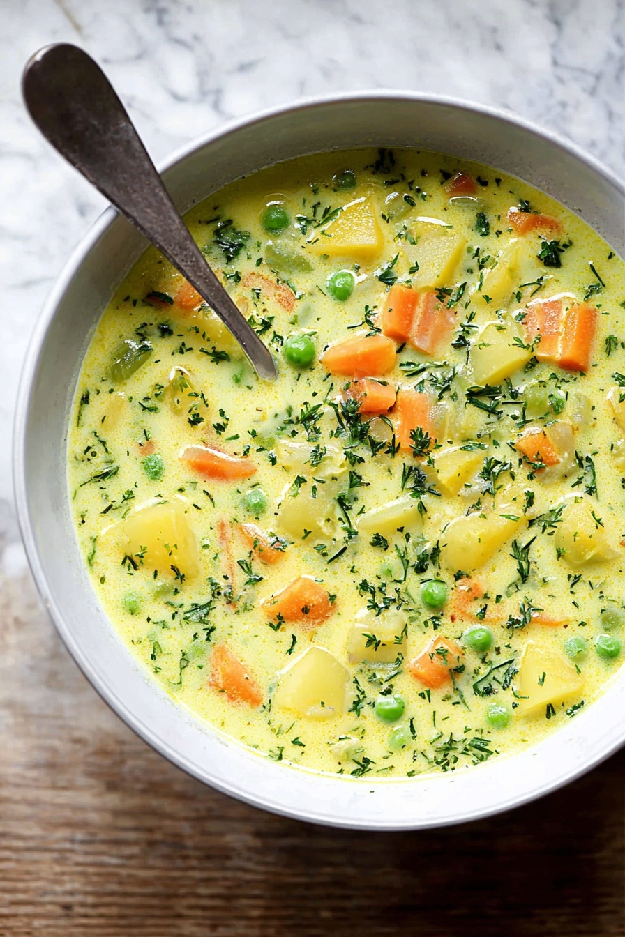 Polish Dill Soup, Polish soup recipes, Eastern European soups, flavorful dill soup, homemade dill soup - A white bowl filled with creamy yellow-green soup that has visible small chopped layers of orange carrots, light yellow potatoes, and green peas mixed throughout. The soup has specks of fresh green herbs sprinkled evenly on top. A silver spoon rests inside the bowl with its handle pointing up and leaning slightly to the right. The bowl sits on a white marbled textured surface. photo taken with an iphone --ar 2:3 --v 7