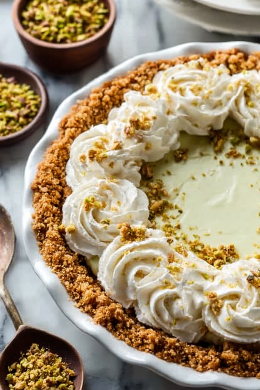 Delicious Pistachio Custard Pie, pistachio custard pie, nutty dessert recipes, easy custard pie, pistachio dessert - A white pie dish holds a pie with a golden brown crust, fluted edges, and a filling covered with finely crushed pistachios giving a sandy green texture. On top, there are eleven swirls of white whipped cream evenly spaced around the edge, each sprinkled with more crushed pistachios. Next to the pie is a small white bowl filled with a mix of whole pistachios, placed on a wooden board alongside a gold spatula with a wooden handle. A green cloth is casually spread on the white marbled surface in the background. Photo taken with an iphone --ar 2:3 --v 7