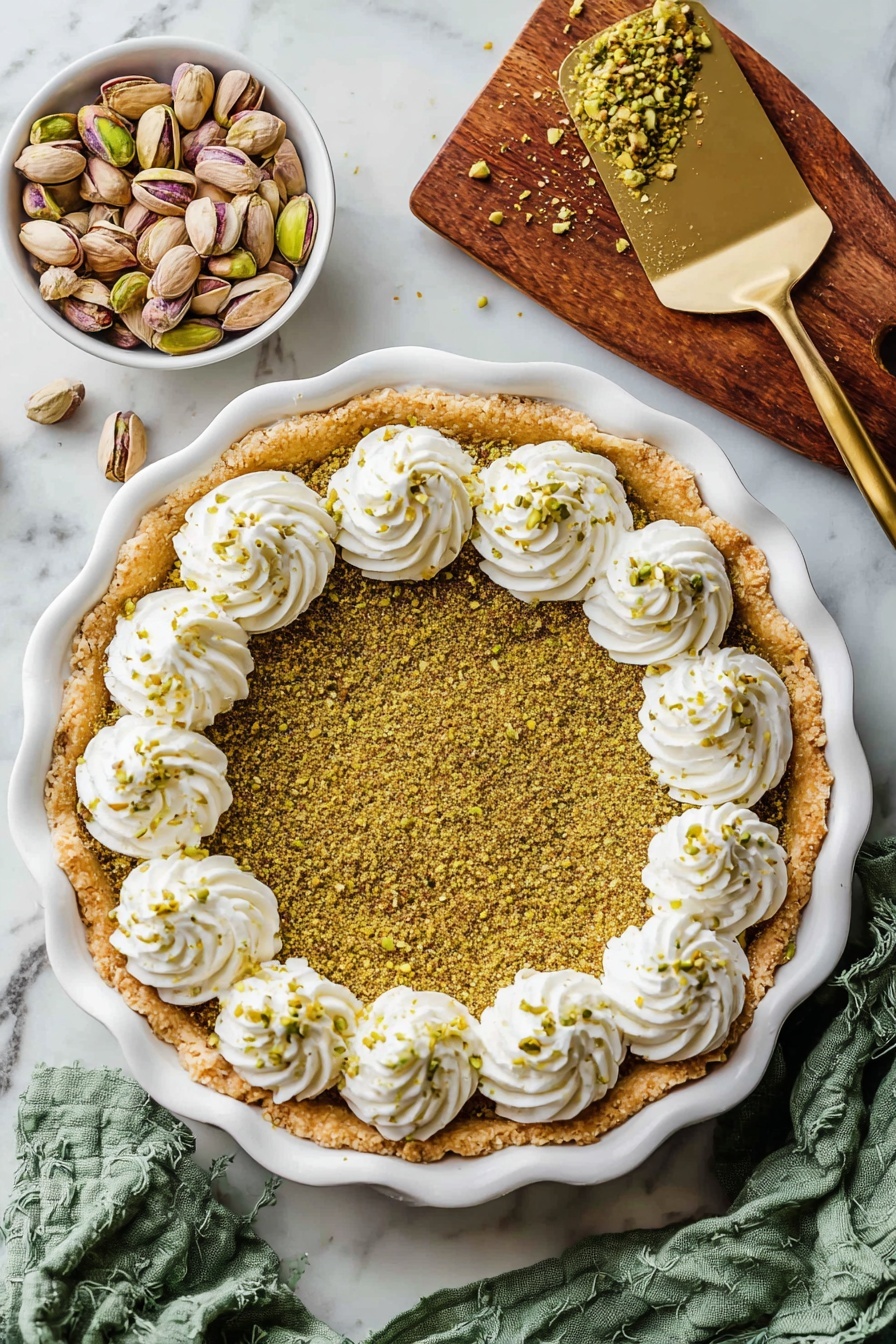 Delicious Pistachio Custard Pie, pistachio custard pie, nutty dessert recipes, easy custard pie, pistachio dessert - A close-up view of a pie in a white dish with a thick, golden-brown, crumbly crust around the edge. The pie filling is light green and smooth, topped with a thick ring of white whipped cream swirled in large loops and sprinkled with crushed green nuts. The dish is on a white marbled surface with a small dark brown bowl filled with crushed green nuts nearby. Photo taken with an iphone --ar 2:3 --v 7