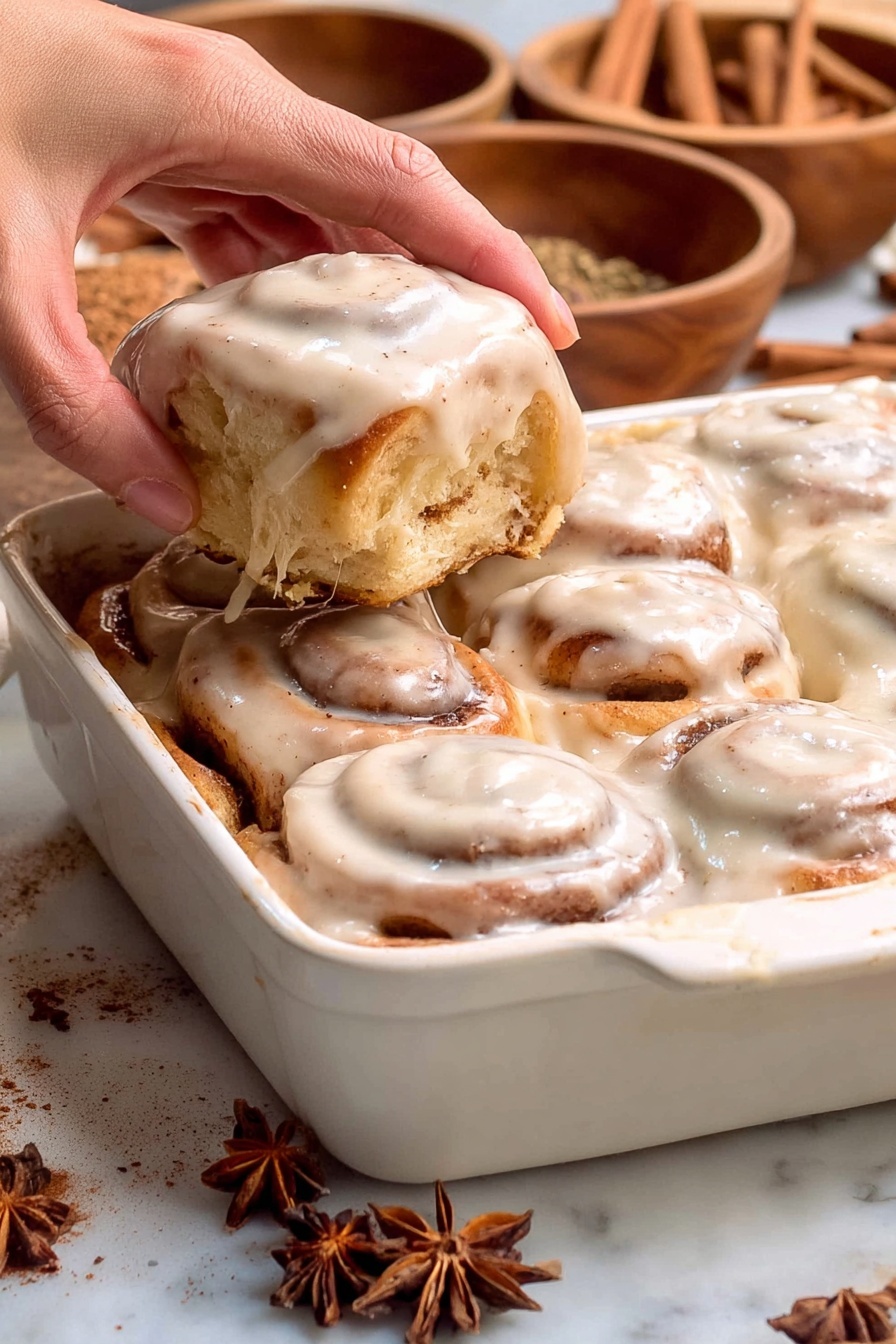 Chai Cinnamon Rolls with Caramel Drizzle, chai cinnamon roll recipe, spiced cinnamon rolls, caramel cinnamon roll dessert, cozy chai breakfast - A close-up view of a white rectangular dish filled with four soft cinnamon rolls, each covered in thick, creamy icing with a smooth and slightly speckled texture. A woman's hand is lifting one cinnamon roll from the dish, showing the light brown swirled dough underneath the thick icing that drapes over the sides. The cinnamon rolls have a light golden brown color and soft, fluffy texture. In the background on a white marbled surface are small wooden bowls filled with star anise, cinnamon sticks, and ground cinnamon, adding warm, rustic tones to the scene. photo taken with an iphone --ar 2:3 --v 7