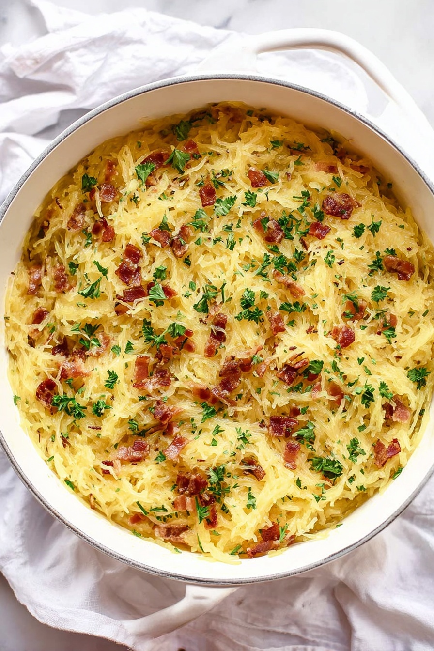 Spaghetti Squash Carbonara, healthy carbonara alternative, low-carb spaghetti squash recipe, creamy egg Parmesan sauce, easy zucchini squash dinner - The image shows a close-up of a creamy spaghetti squash dish in a white bowl with visible strands of golden yellow squash mixed with small pieces of brown bacon. The top layer is covered with melted light yellow cheese and sprinkled with chopped green parsley. A silver fork, held by a woman's hand at the upper right corner, is twirling the strands of squash and cheese, creating a textured and tangled appearance. The background is a white marbled surface. Photo taken with an iphone --ar 2:3 --v 7