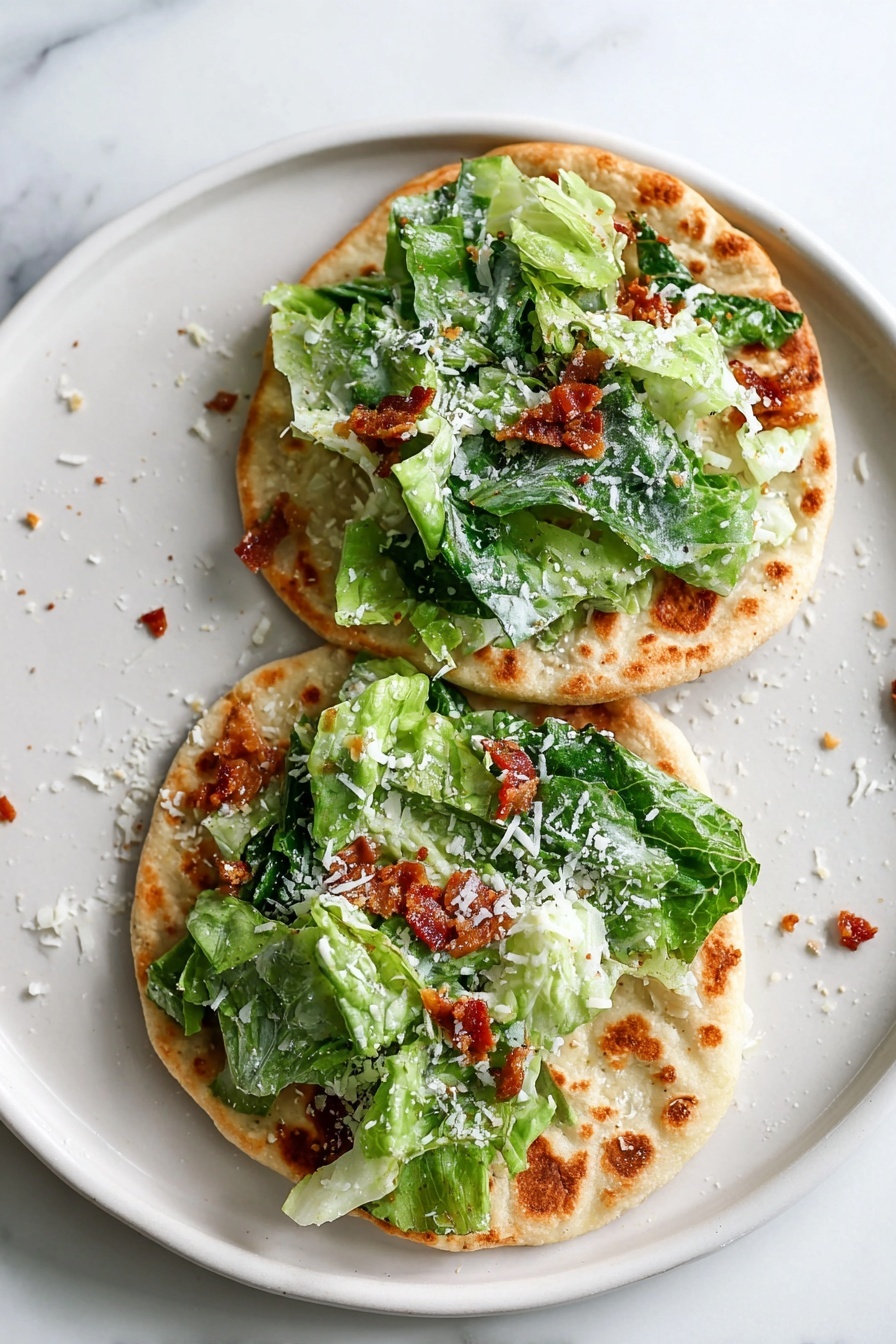 Smash Chicken Caesar Tacos, chicken Caesar tacos, easy taco recipes, weeknight dinner ideas, crispy chicken tacos - Two round, golden-brown flatbreads sit on a white plate with slight speckled texture, placed on a white marbled surface. Each flatbread is topped with a fresh layer of green leafy lettuce, some lighter green and some darker, with a sprinkle of finely grated white cheese and tiny bits of crispy reddish-brown bacon scattered on top. The flatbreads have a textured, slightly uneven surface with browned spots from cooking. Some small crumbs and cheese shreds are scattered around on the plate. Photo taken with an iphone --ar 2:3 --v 7