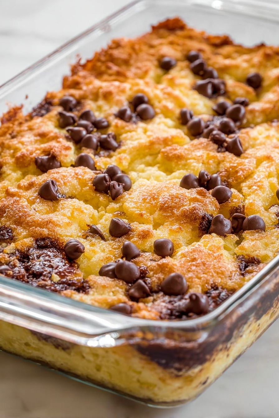 Chocolate Croissant Breakfast Bake, chocolate croissant casserole, indulgent breakfast bake, easy weekend breakfast recipe, chocolate breakfast casserole - A glass baking dish filled with a baked dessert that has a golden brown, textured top layer with uneven peaks and edges. Scattered on the surface are many semi-melted dark brown chocolate chips, creating contrast with the lighter yellowish-golden crust. The sides of the dish reveal a slightly gooey, darker under layer peeking through, while the top has a crispy, bubbly look. The whole dish sits on a white marbled surface. photo taken with an iphone --ar 2:3 --v 7