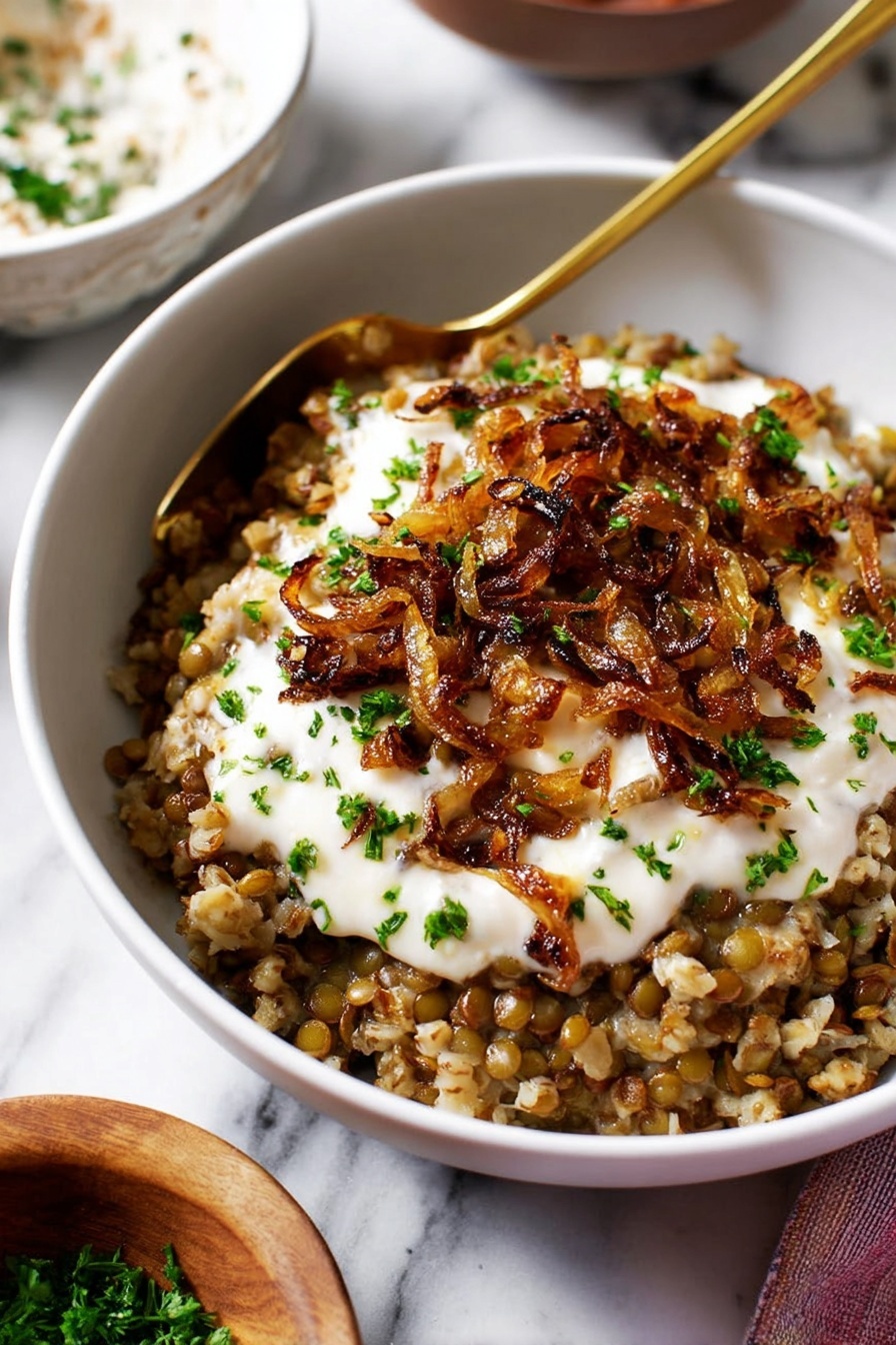 Mujadara Lentil and Rice, Lentil and Rice dish, Middle Eastern Lentil Recipe, Comfort Food with Lentils, Caramelized Onion Lentils - A white bowl filled with three distinct layers: the bottom layer is a mix of cooked lentils and bulgur, showing a textured, brownish-green color; the middle layer is a thick, creamy white sauce spread unevenly on top; and the top layer consists of caramelized golden-brown onions scattered with small chopped green herbs. There is a gold spoon resting inside the bowl partly covered by the layers. The bowl sits on a white marbled surface with blurred background elements including a white bowl with a brown rim and a small wooden bowl with green herbs. Photo taken with an iphone --ar 2:3 --v 7