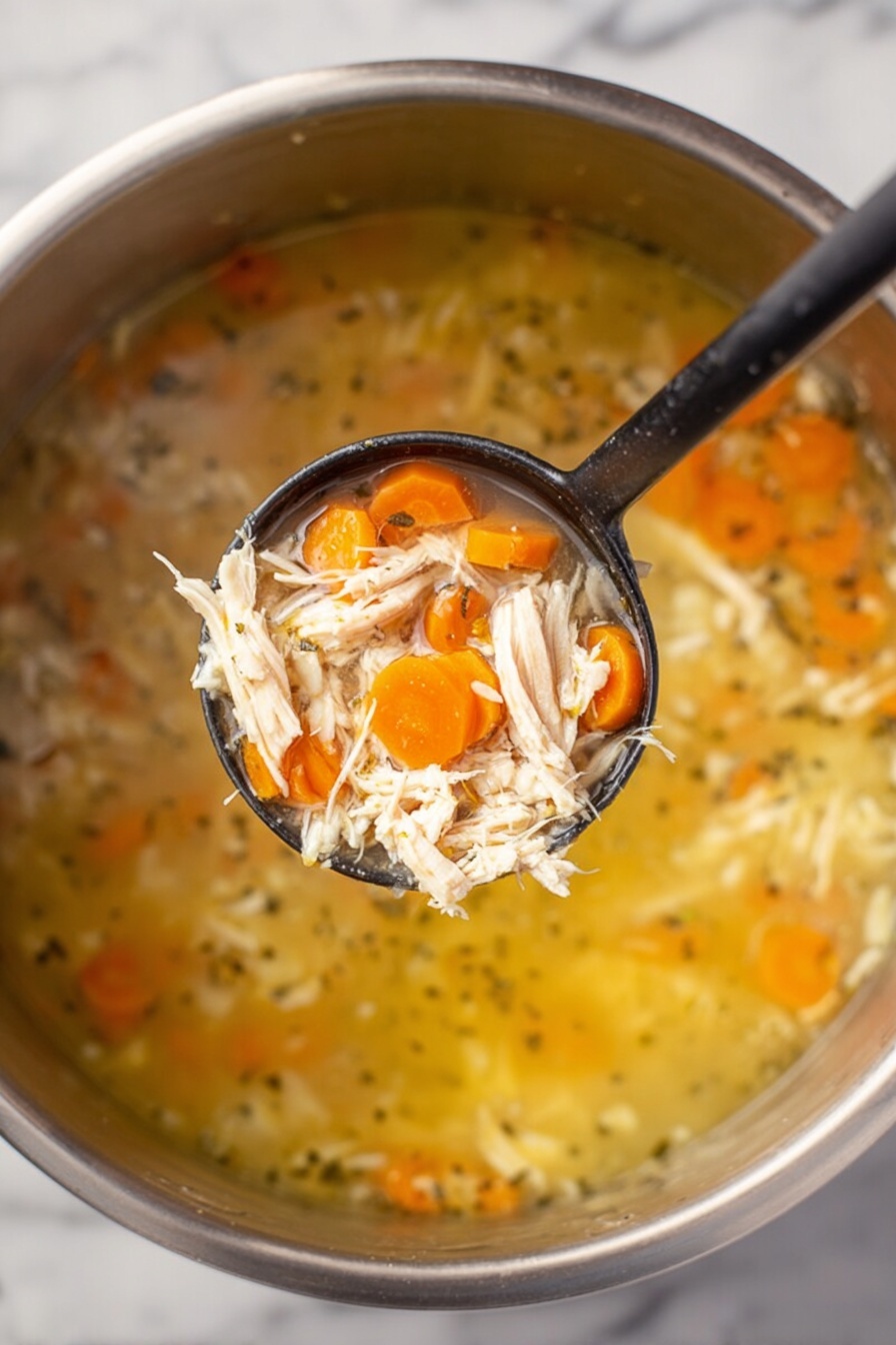 Lemon Chicken Soup with Orzo, lemon chicken soup, comforting chicken soup, easy lemon soup, healthy chicken and orzo soup - A black ladle holding a scoop of soup with shredded pale chicken pieces and bright orange carrot slices over a pot of broth with more shredded chicken and carrot pieces floating in it. The broth is clear light yellow with small bits of chicken and carrots spread throughout, inside a stainless steel pot, all set on a white marbled surface. Photo taken with an iphone --ar 2:3 --v 7