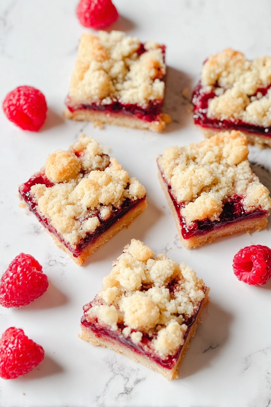 Raspberry Jam Bars Five Ingredient, easy raspberry jam bars, simple dessert recipe, no-bake raspberry bars, quick fruit bar dessert - Five square pieces of raspberry crumble bars are placed on a white marbled surface. Each bar has three layers: a light golden brown base, a thick dark red raspberry jam middle, and a crumbly pale yellow topping with large crumbs unevenly spread. Around the bars, several fresh red raspberries add bright pops of color, contrasting with the soft texture of the bars. The light shines softly, showing the crumbly texture and juicy filling clearly. photo taken with an iphone --ar 2:3 --v 7