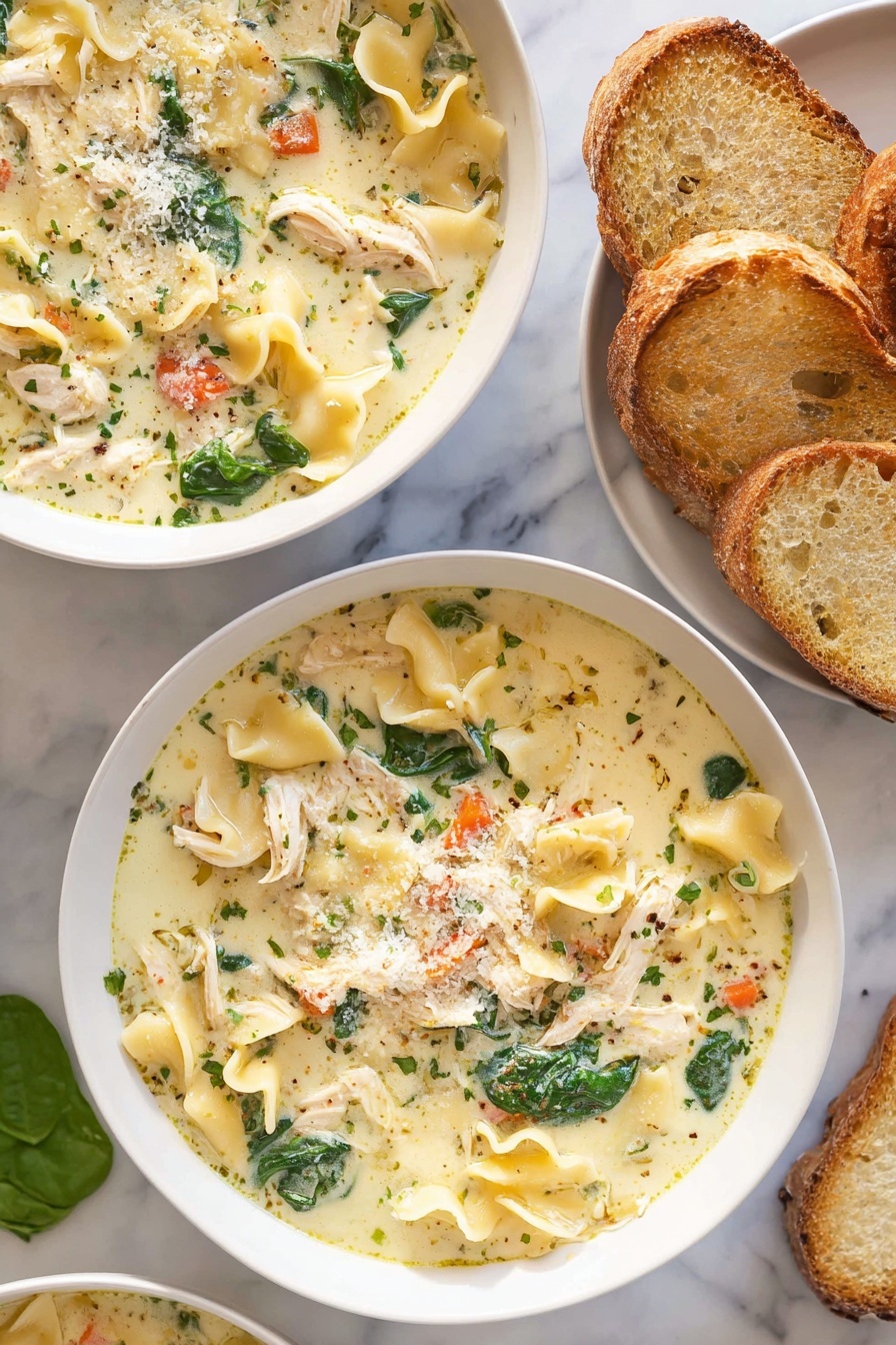 White Lasagna Soup, White Lasagna Soup Recipe, Italian creamy soup, easy weeknight dinner, cheesy chicken soup - The image shows two white bowls filled with a creamy soup that has wide, curly-edged pasta, shredded chicken, spinach leaves, small pieces of orange carrot, and a sprinkle of grated cheese on top. The soup is thick and light yellow in color with flecks of herbs throughout. To the right side of the bowls, there are slices of toasted bread with a golden crust placed on a white marbled surface. The overall scene is bright with soft natural lighting emphasizing the texture of the soup and bread. photo taken with an iphone --ar 2:3 --v 7