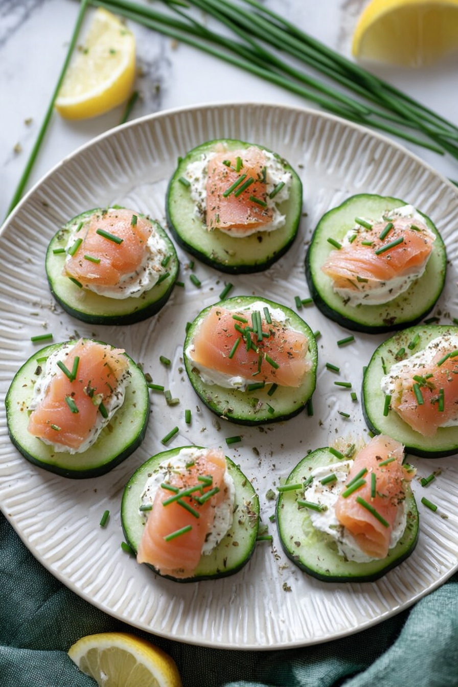 Cucumber Smoked Salmon Bites, smoked salmon appetizer, cucumber appetizer, easy party appetizers, healthy finger foods - This image shows eight cucumber slices arranged in a circle on a white textured plate. Each cucumber slice forms the base layer, dark green on the outside and pale green in the middle. On top of each slice is a thick layer of white creamy spread, smooth and soft in texture. Small pieces of light pink smoked salmon are laid over the spread on every slice, each piece slightly folded and garnished with finely chopped green chives and a little black pepper. The plate is set on a white marbled surface with some scattered fresh green chives and lemon wedges placed around the plate. A green cloth napkin is softly draped in the background. Photo taken with an iphone --ar 2:3 --v 7