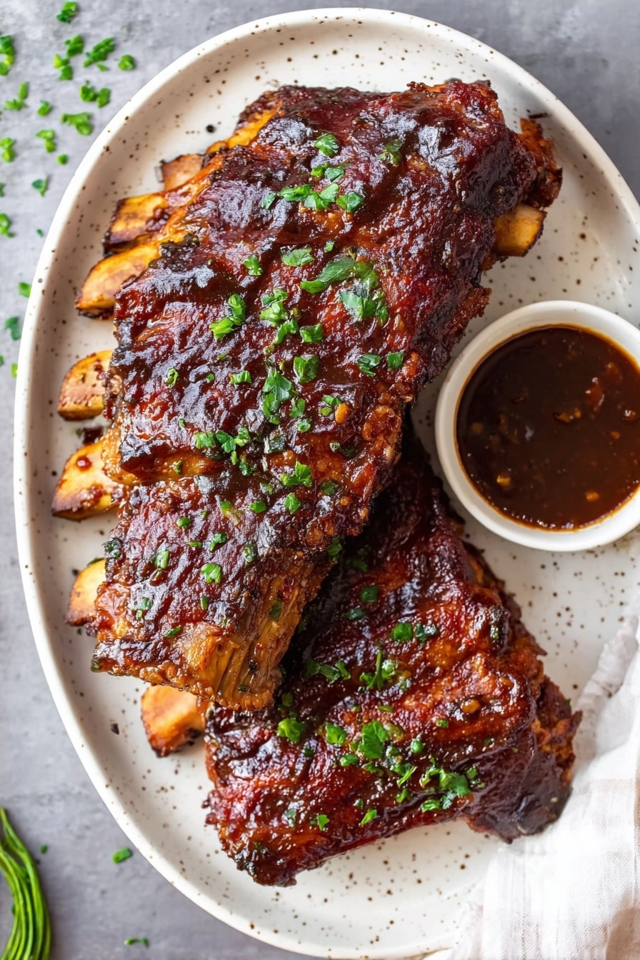 Crockpot Ribs, slow cooker ribs, easy ribs recipe, tender BBQ ribs, best crockpot ribs - A white plate with several pieces of ribs covered in a shiny, dark brown barbecue sauce, sprinkled with small green herb pieces. One piece is being held by a woman's hand on the right side, showing its inside texture where the meat looks soft and tender with a caramelized surface. A small white bowl with more sauce is located near the ribs on the right side. The background is a blurred white marbled surface. Photo taken with an iphone --ar 2:3 --v 7