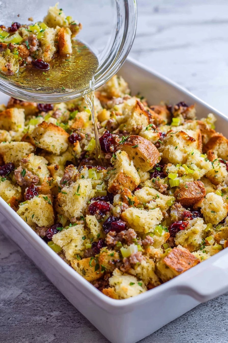 Sausage and Herb Stuffing with Cranberries, festive stuffing recipe, holiday side dish, savory sausage stuffing, easy holiday stuffing - A white rectangular baking dish filled with a mixture of light golden bread pieces, green celery bits, small pieces of cooked sausage, and dark red dried cranberries. The mixture has a crumbly texture with some moist chunks, and green herbs are scattered throughout. A clear glass bowl is tilted above the dish, pouring the mixture in. The background is a white marbled surface. Photo taken with an iphone --ar 2:3 --v 7