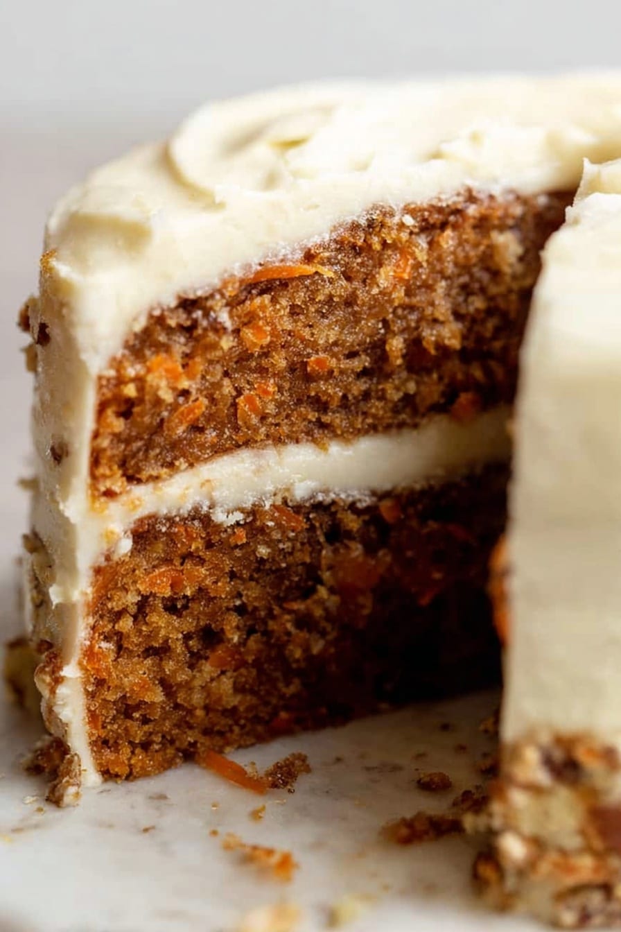 Classic Carrot Cake with Cream Cheese Frosting, moist carrot cake recipe, best carrot cake with cream cheese frosting, easy homemade carrot cake, spiced carrot cake dessert - A two-layer carrot cake with thick layers of creamy white frosting between and around the cake layers. The carrot cake is brown with visible bits of carrot and nuts, showing a moist texture. The top layer of white frosting is smooth and slightly textured, wrapping around the edges of the cake. The cake is resting on a white marbled surface, with a slice missing, showing the inside clearly. Photo taken with an iphone --ar 2:3 --v 7