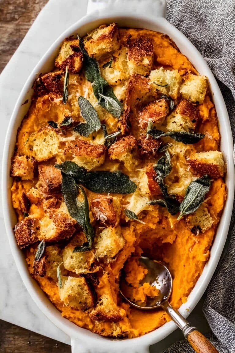 Savory Sweet Potato Casserole with Sage, Parmesan, and Crispy Bread Topping Recipe